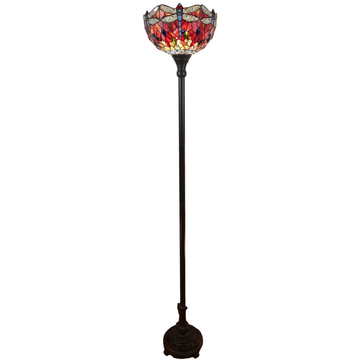 HomeRoots 478074 69 x 14 x 14 in. Brown Traditional Shaped Floor Lamp with Red Yellow & Brown Dragonfly Stained Glass Dome Shade