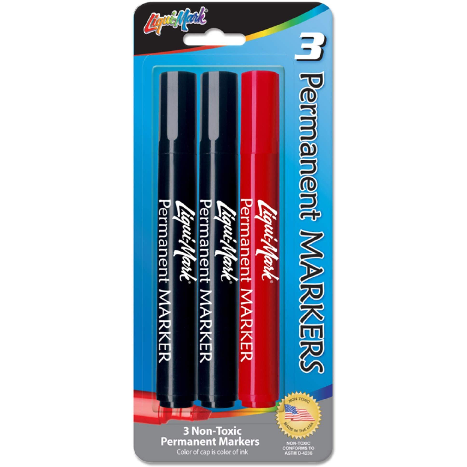 3pk Chisel Tip Permanent Ink Broadline Markers, Non-Toxic - Assorted Colors USA Made