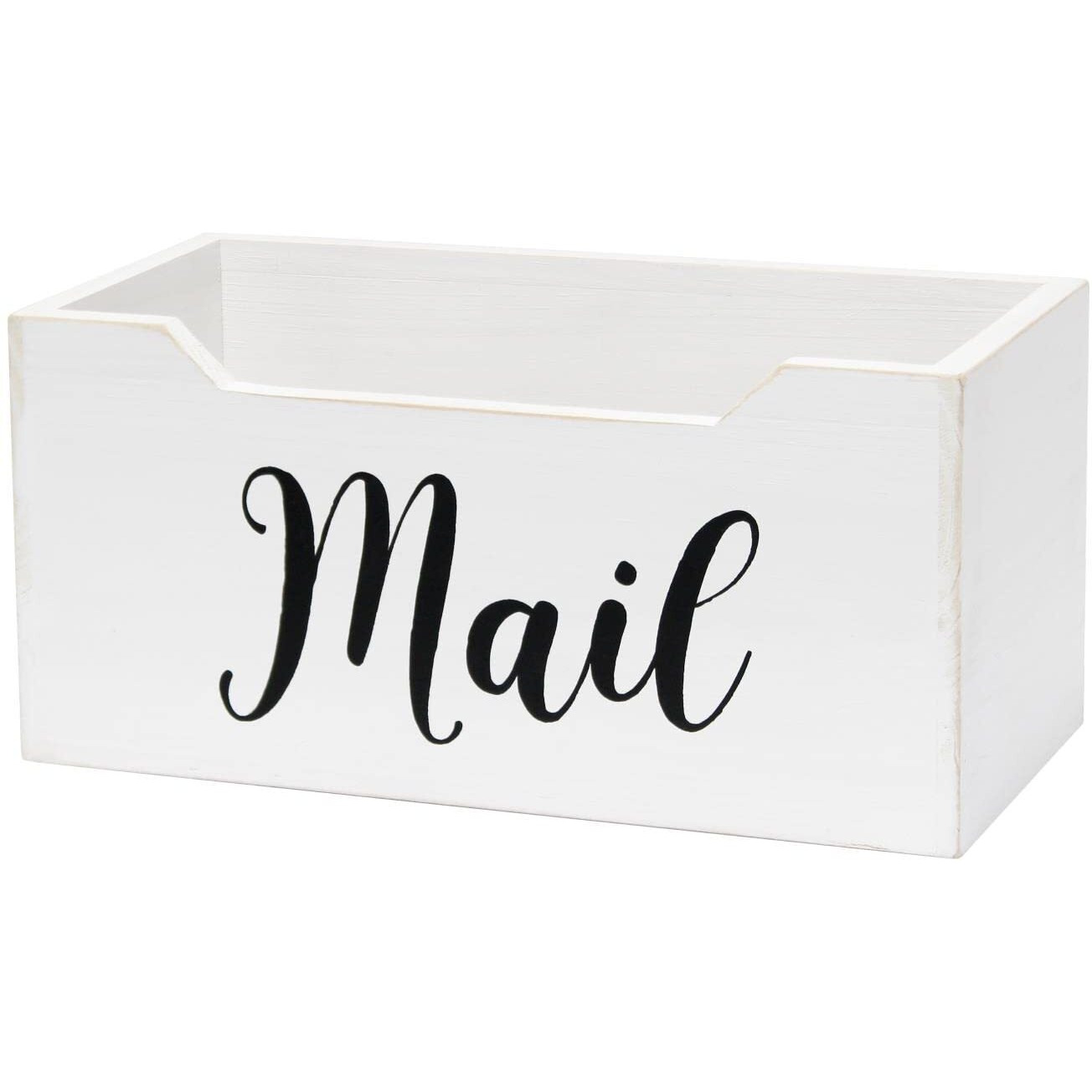 Elegant Designs Rustic Farmhouse Wooden Tabletop Decorative Script Word Mail Organizer Box, Letter Holder, White Wash