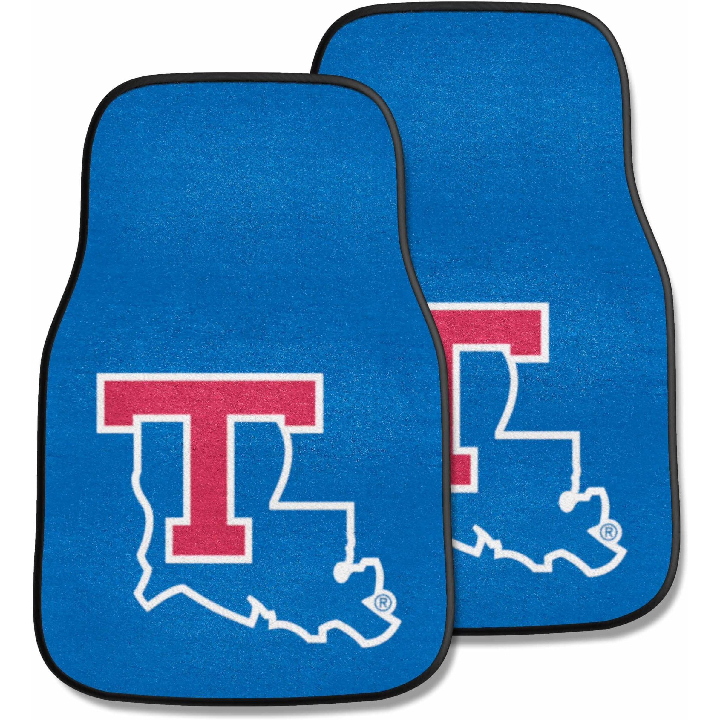 FANMATS 5261 Louisiana Tech Bulldogs Front 2-Piece Team Logo Carpet Car Mat Set, Front Row Automotive Floor Mats, Non-Slip Backing, Team Colors