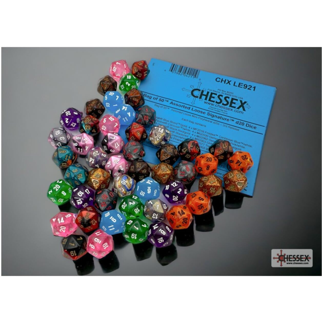 Assorted Mini Dice No 3 with Numbers D20 10mm (3/8in) Pack of 50 Chessex