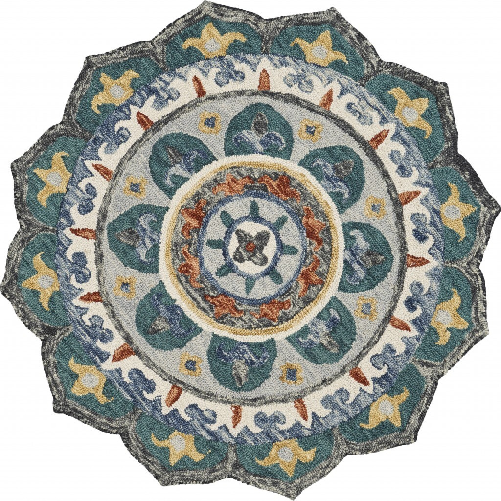 4 Round Teal Decorative Floral Area Rug