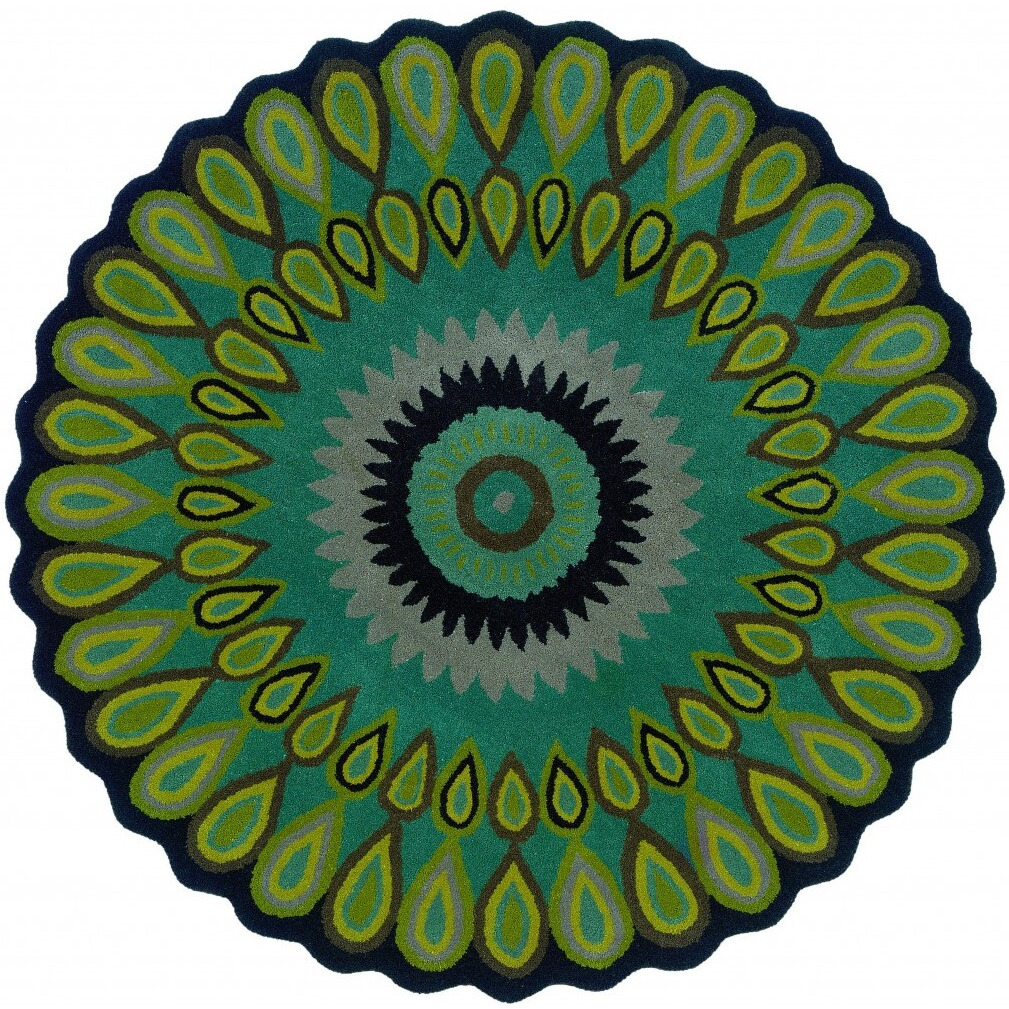 8 Round Green Peacock Feather Area Rug