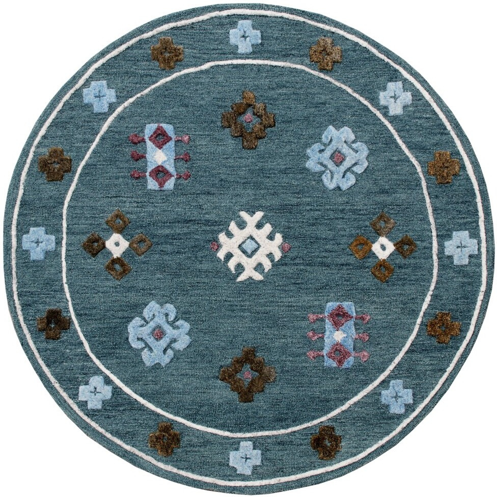 5 Round Blue Bordered Motif Area Rug