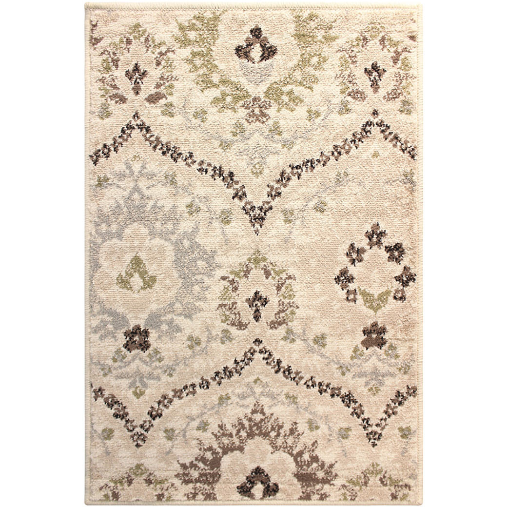 2' X 3' Ivory Gray And Olive Floral Stain Resistant Area Rug