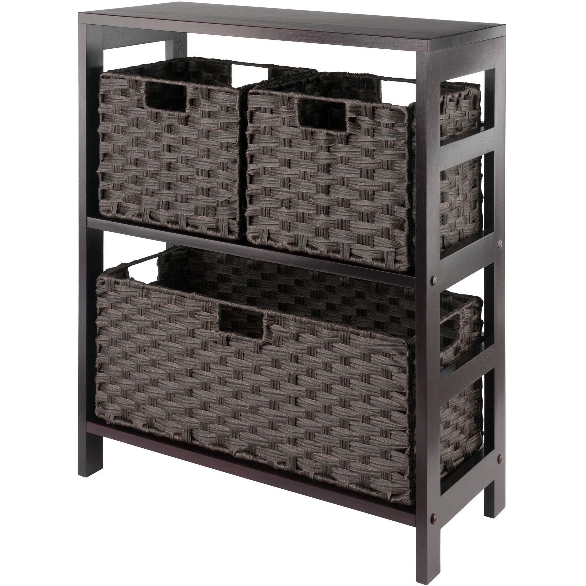 Leo 4-Pc Storage Shelf With 3 Foldable Woven Baskets  Espresso And Chocolate