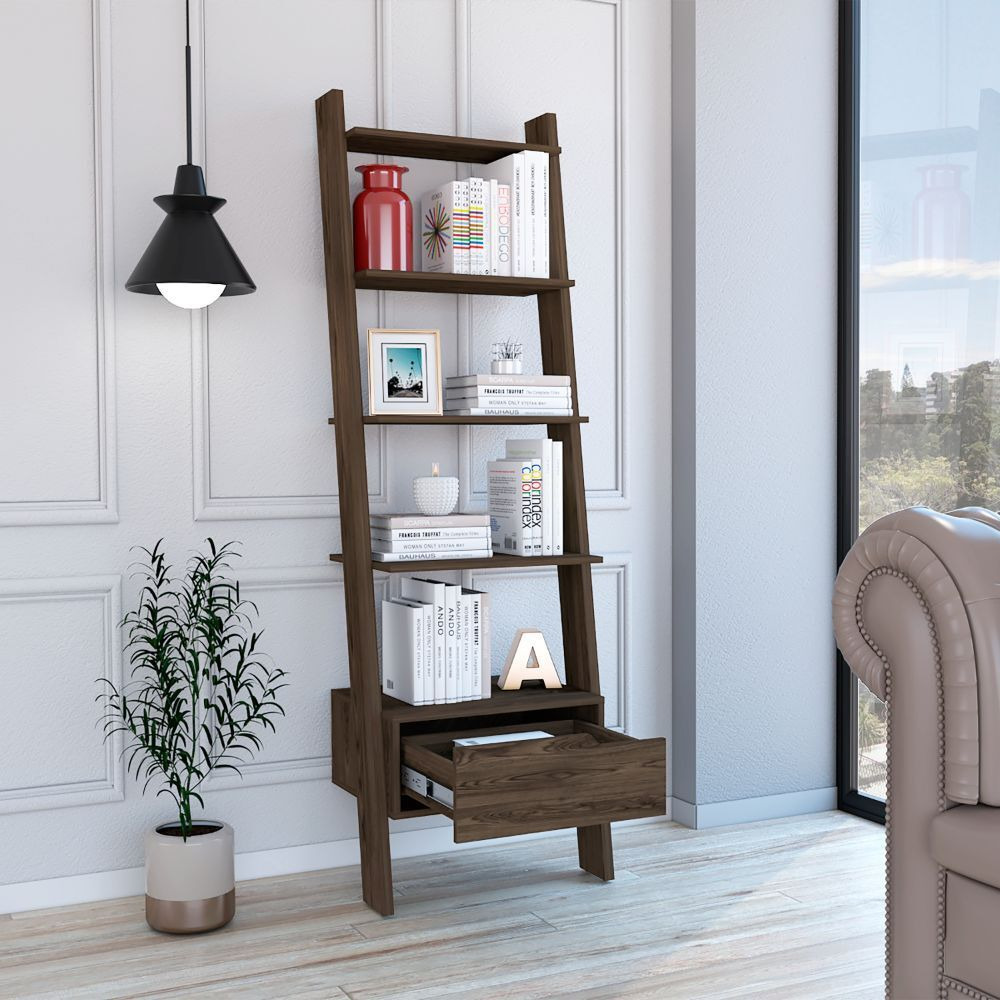 New Haven 1-Drawer 4-Shelf Ladder Bookcase Dark Walnut(D0102H76Xv8)