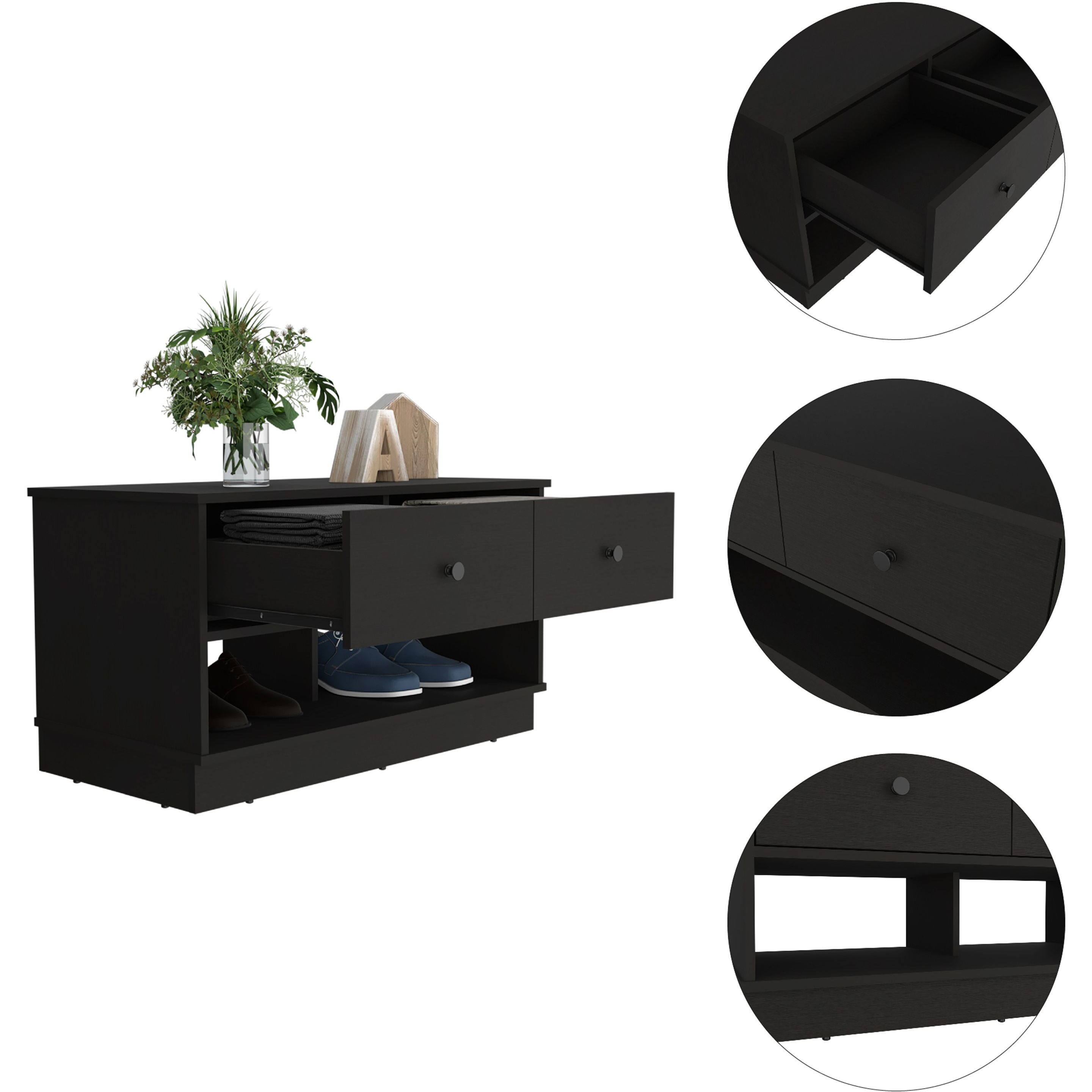 Willamette Rectangle 2-Shelf 2-Drawer Storage Bench Black Wengue(D0102H767A2)