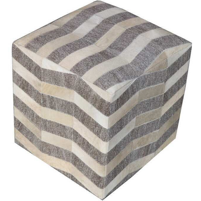 18"" Gray And Beige Hair On Hide Cube Chevron Pouf Ottoman