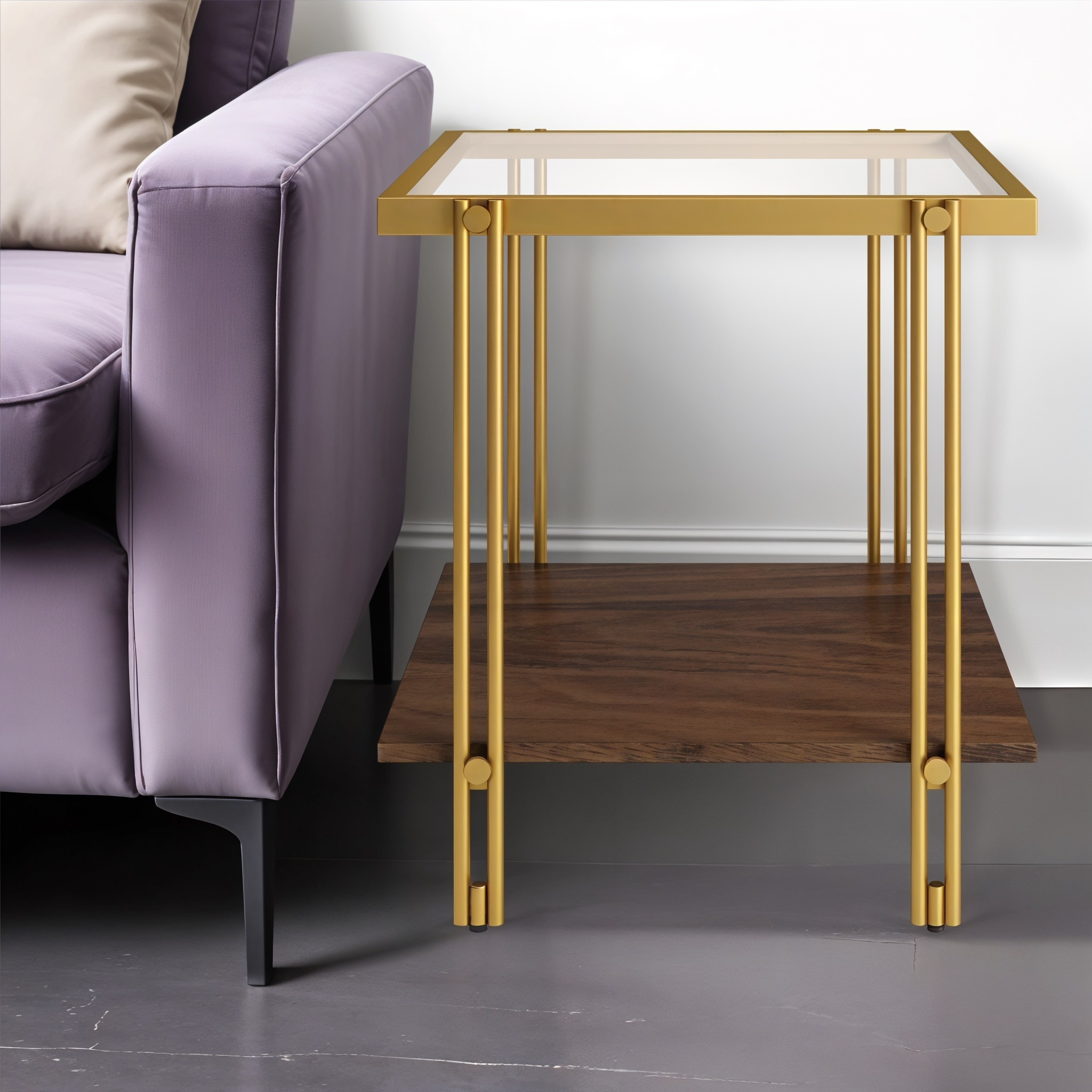 22"" Brass And Clear Glass And Steel Square End Table With Shelf