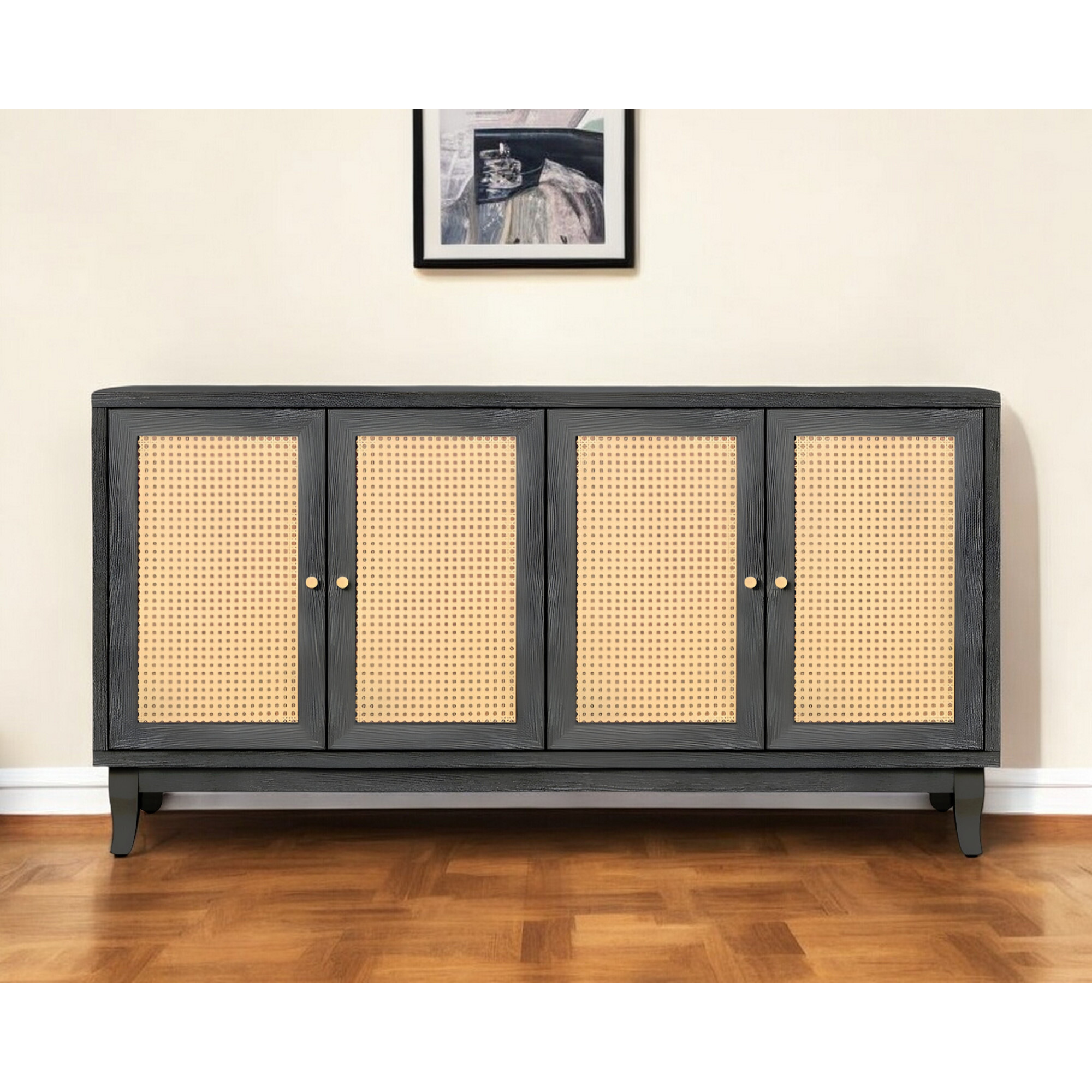 65"" Charcoal And Natural Wood And Rattan Sideboard With Four Doors