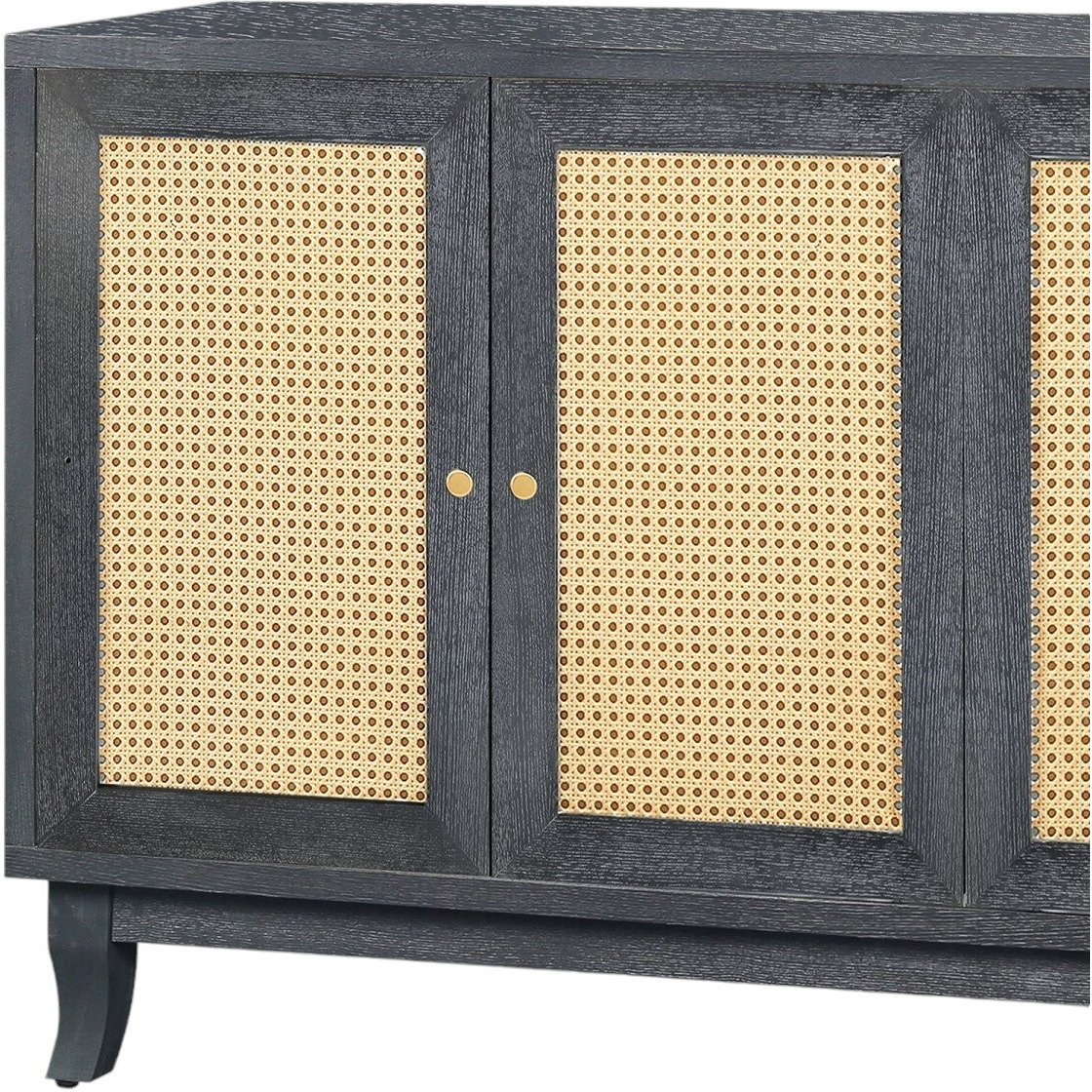 65"" Charcoal And Natural Wood And Rattan Sideboard With Four Doors