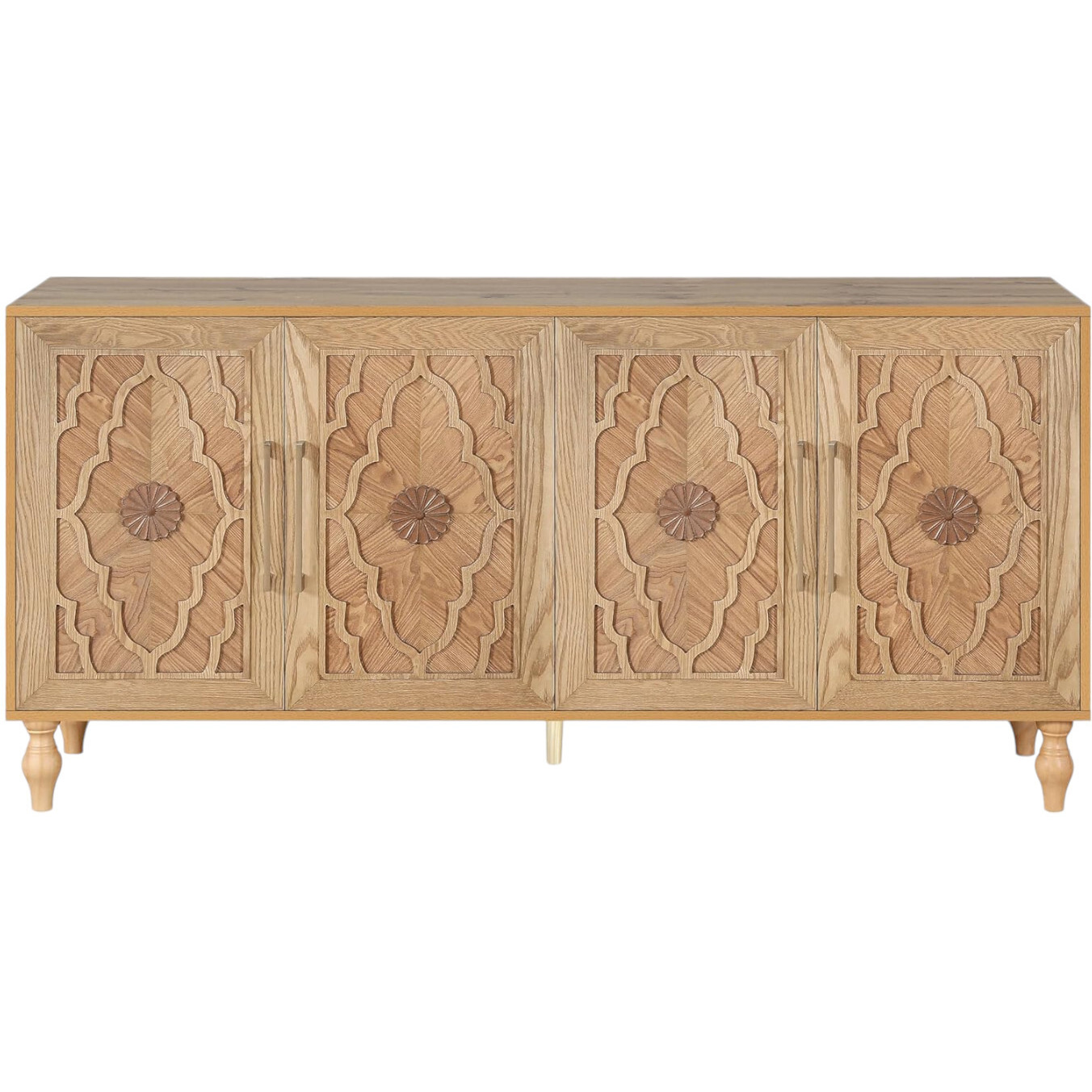 68"" Natural Distressed Carved Geometric Sideboard With Four Doors