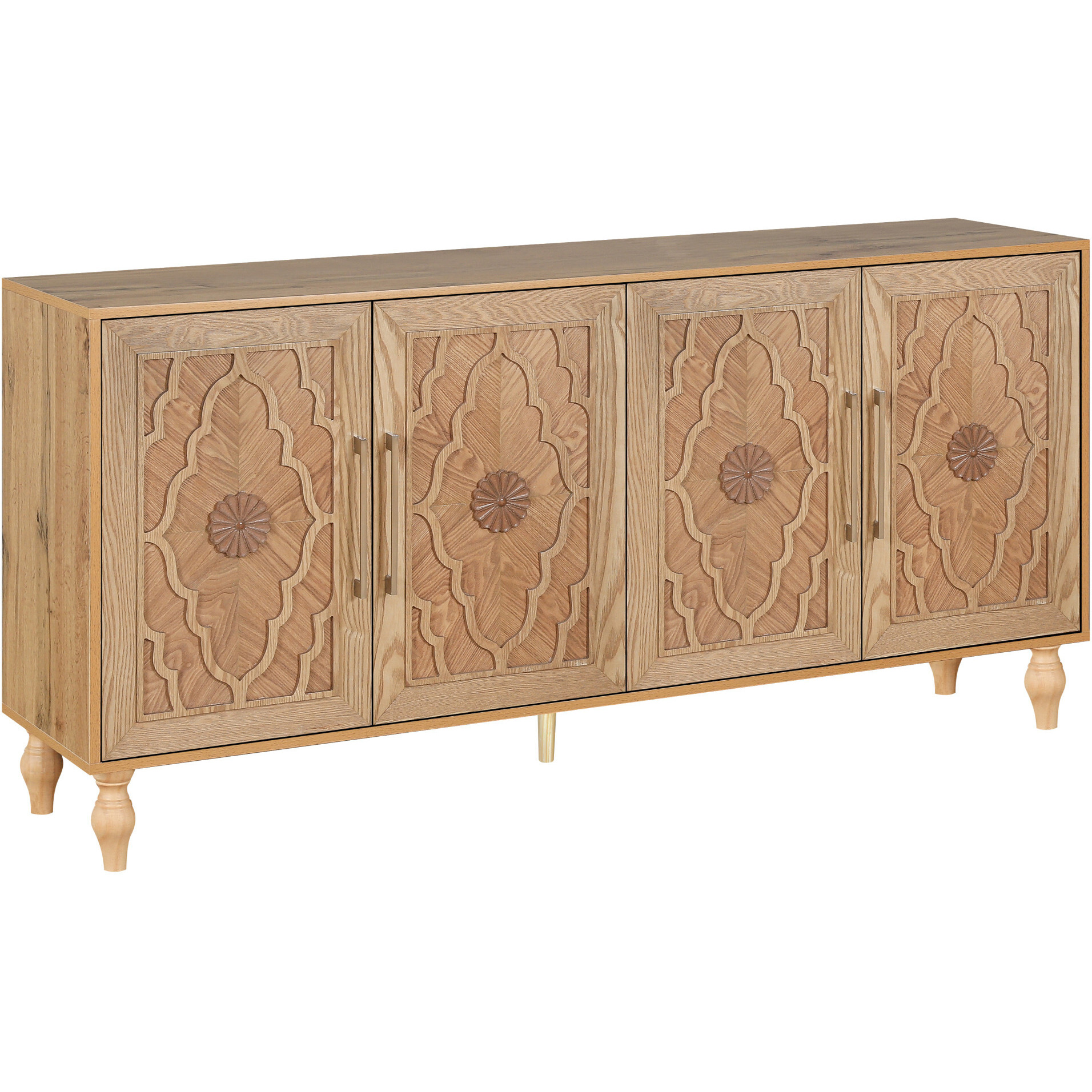 68"" Natural Distressed Carved Geometric Sideboard With Four Doors