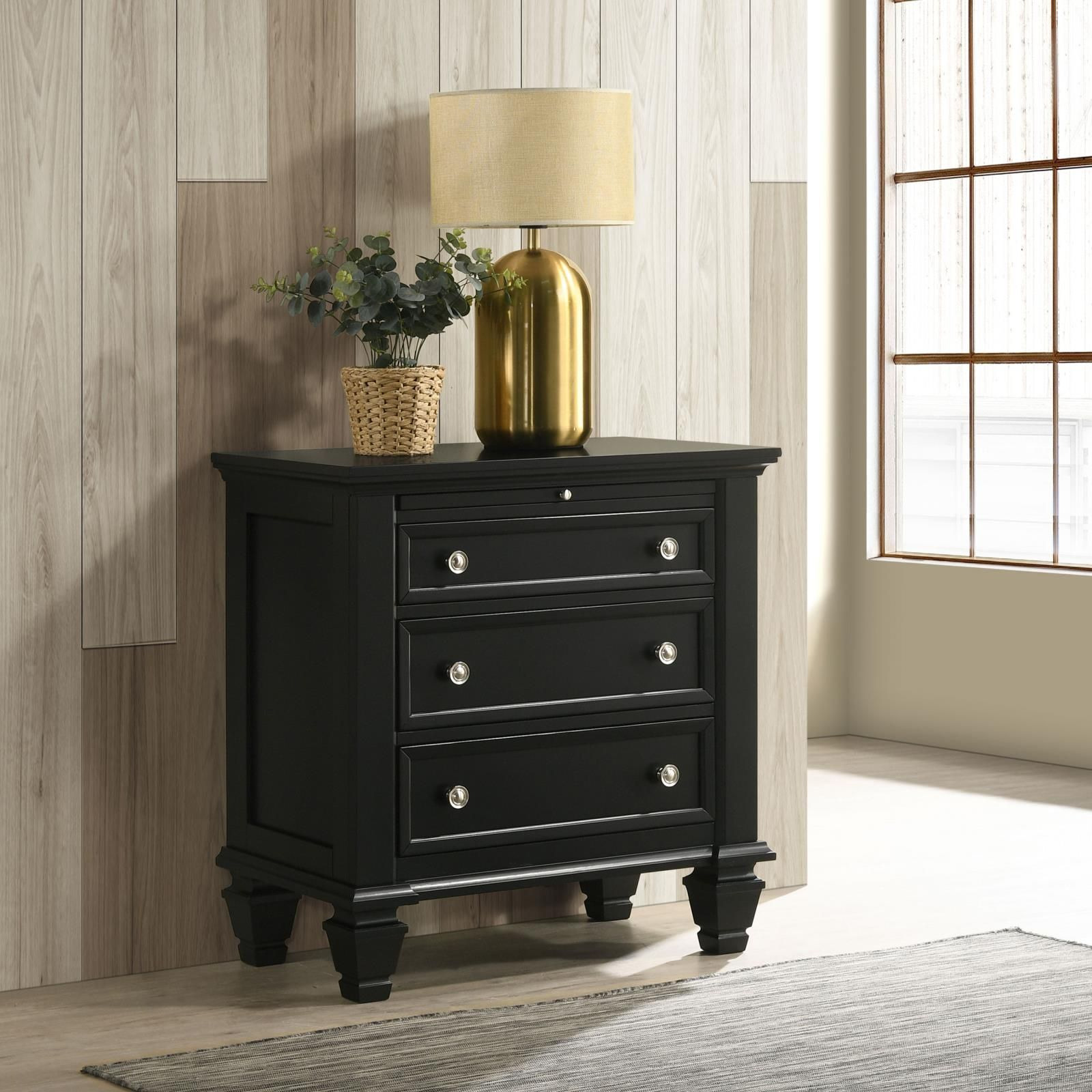 Black 3-Drawer Nightstand With Pull Out Tray