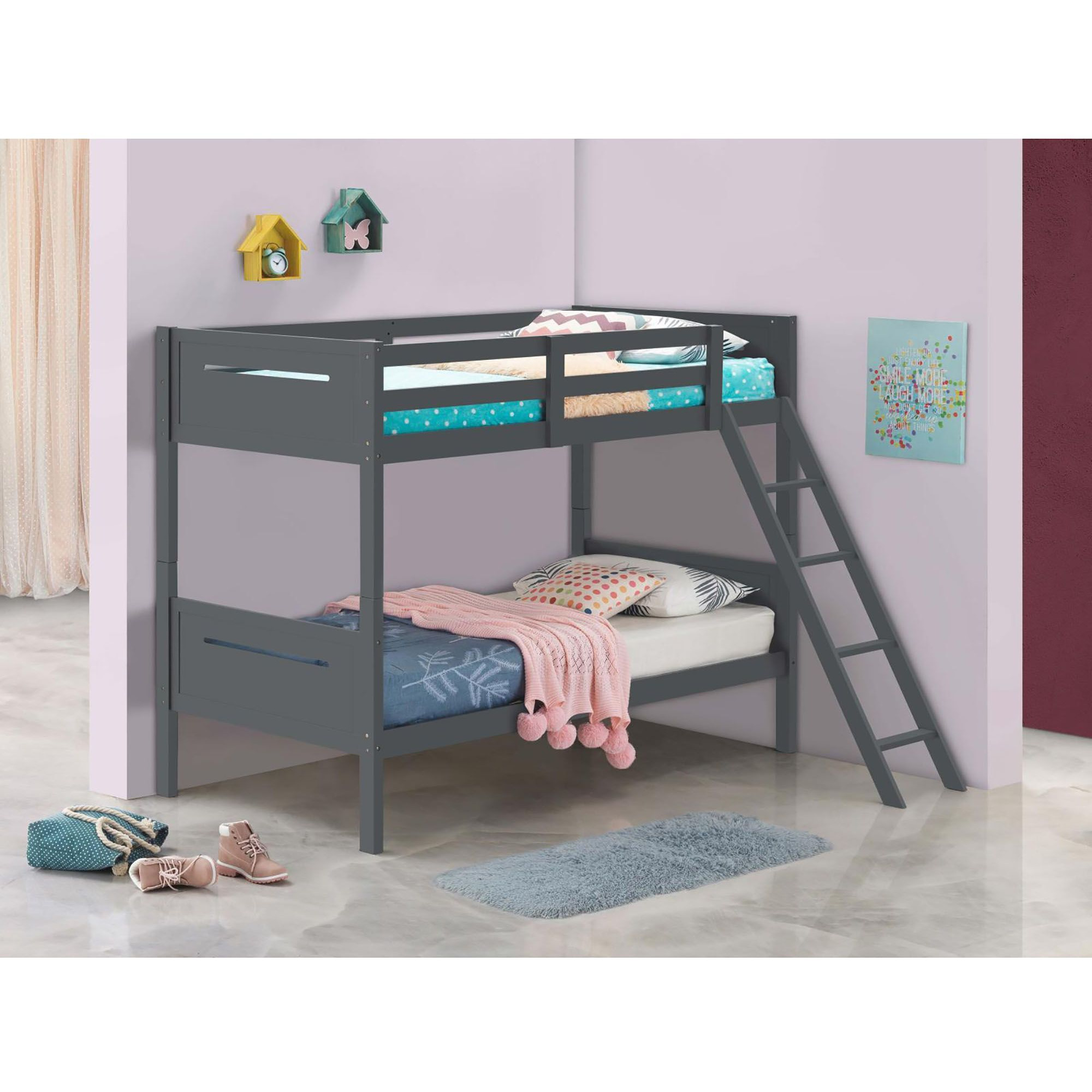 Grey Twin/Twin Bunk Bed With Built-In Ladder