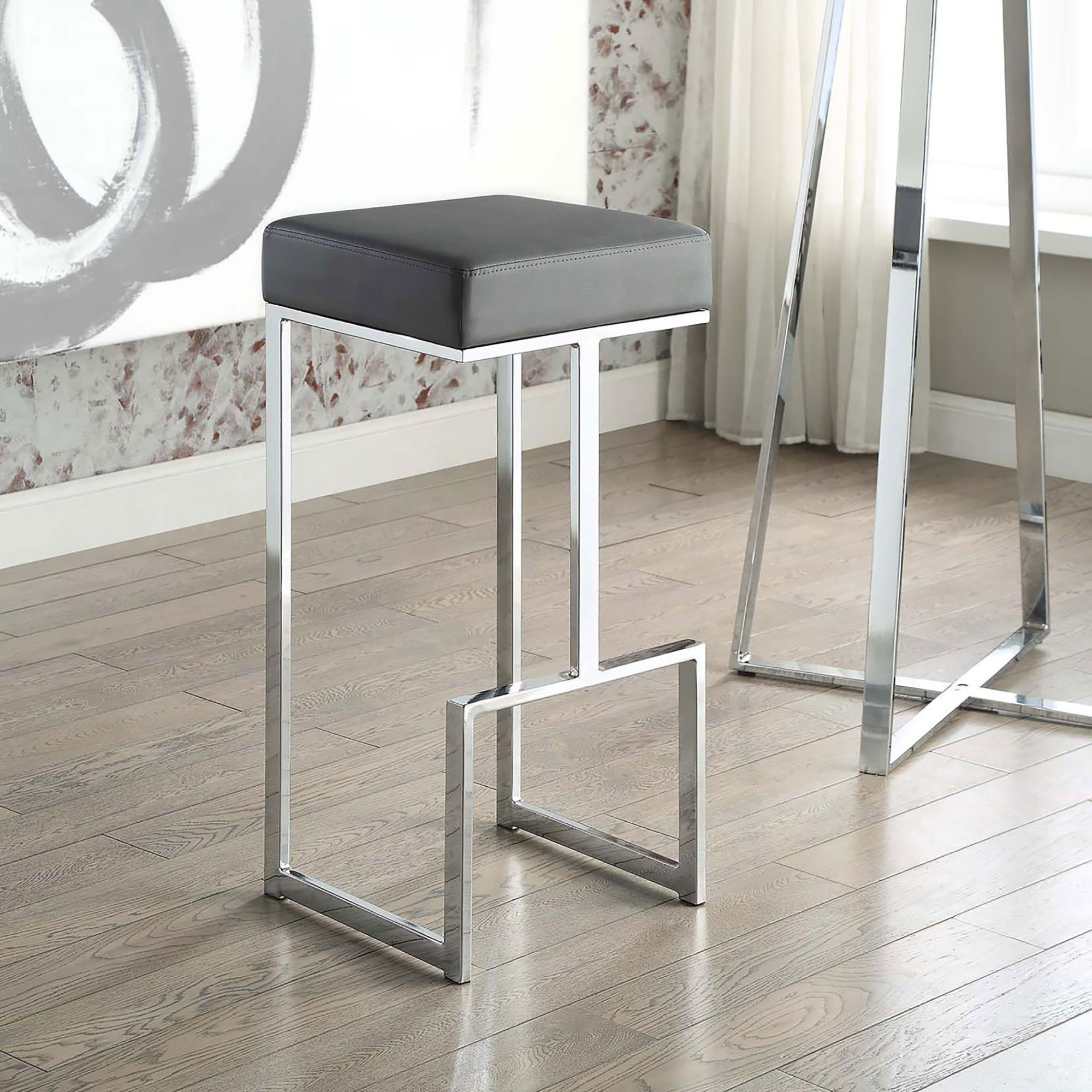 Grey And Chrome Upholstered Bar Stool