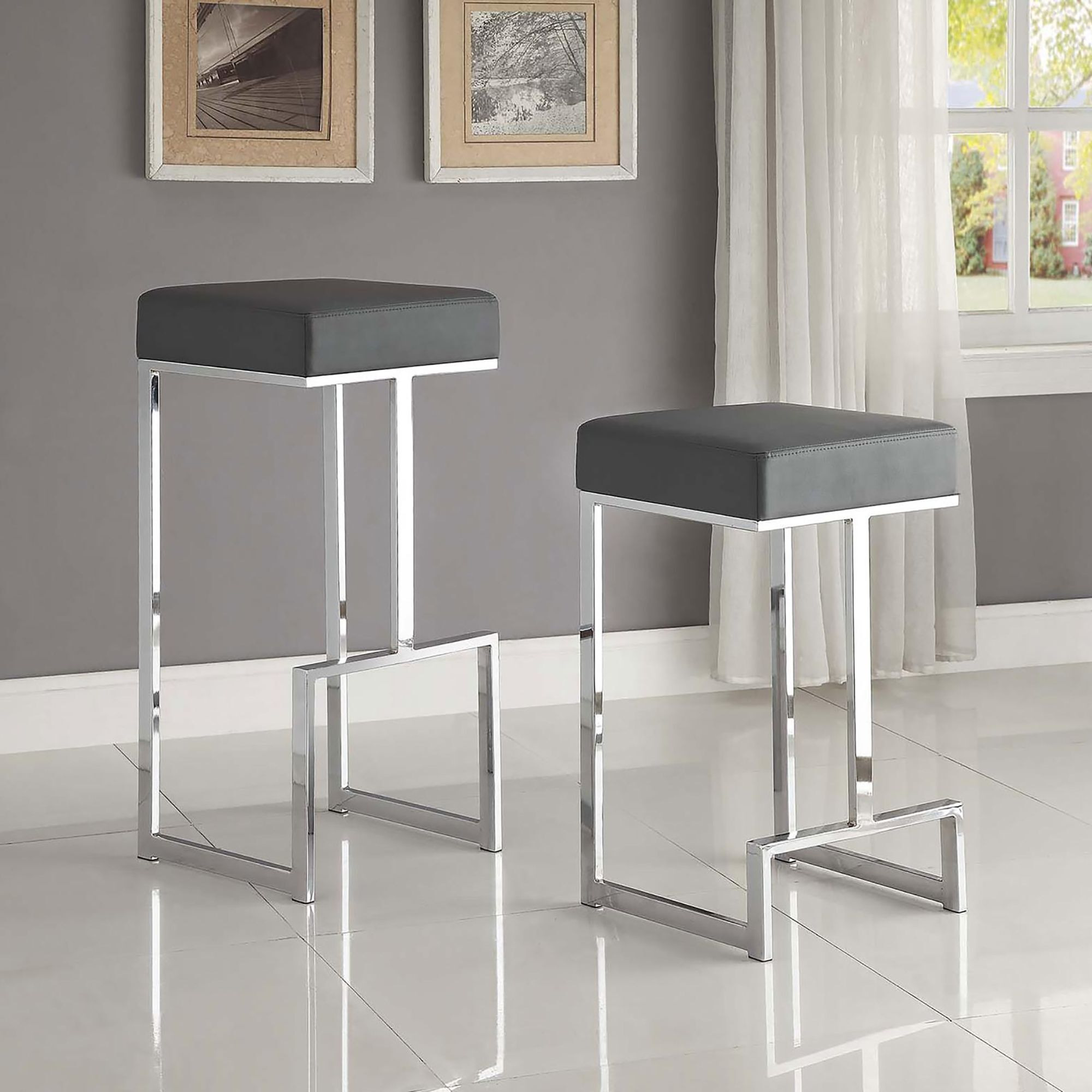 Grey And Chrome Upholstered Bar Stool