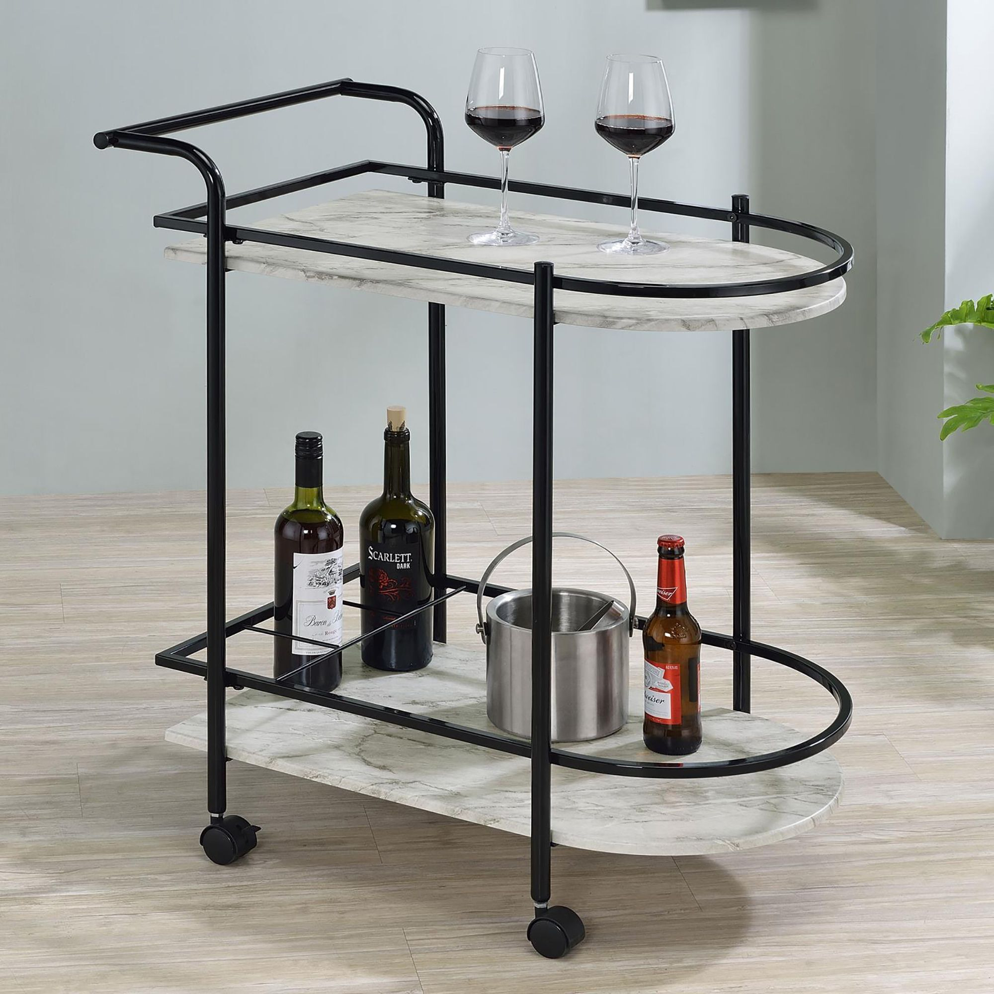 Black And Faux White Marble Serving Cart With Wine Rack