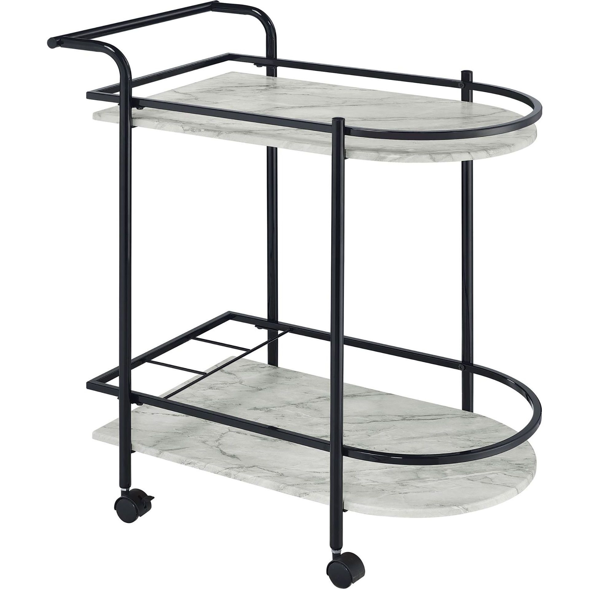 Black And Faux White Marble Serving Cart With Wine Rack