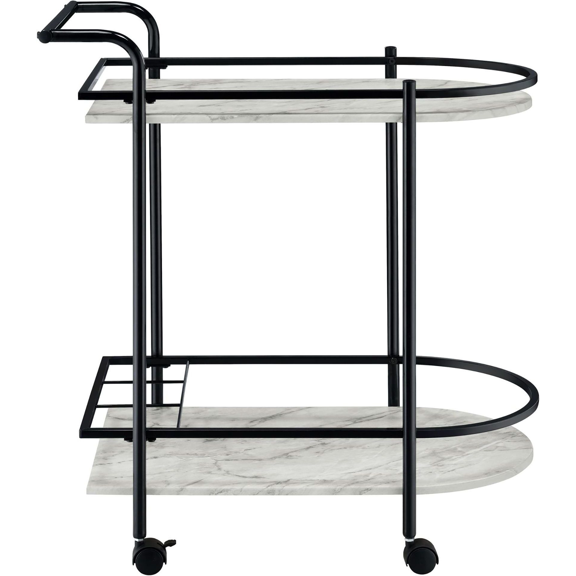 Black And Faux White Marble Serving Cart With Wine Rack