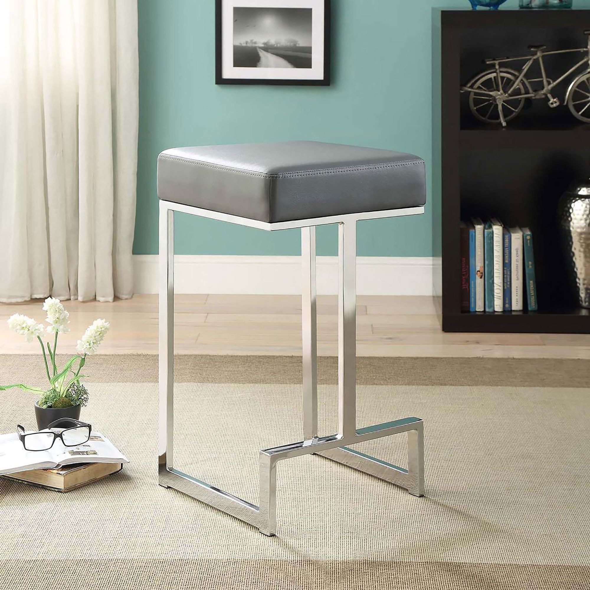 Grey And Chrome Upholstered Counter Height Stool