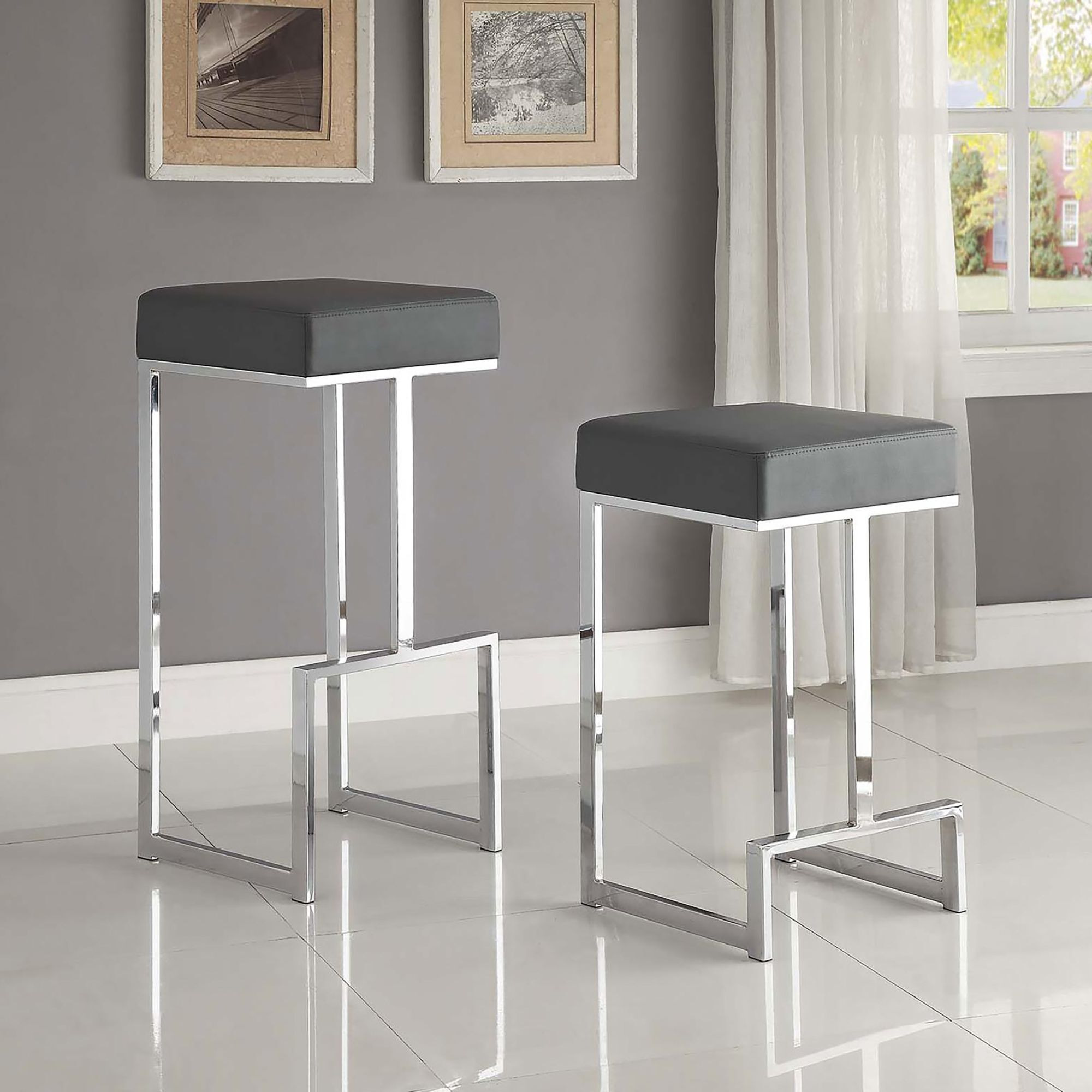 Grey And Chrome Upholstered Counter Height Stool