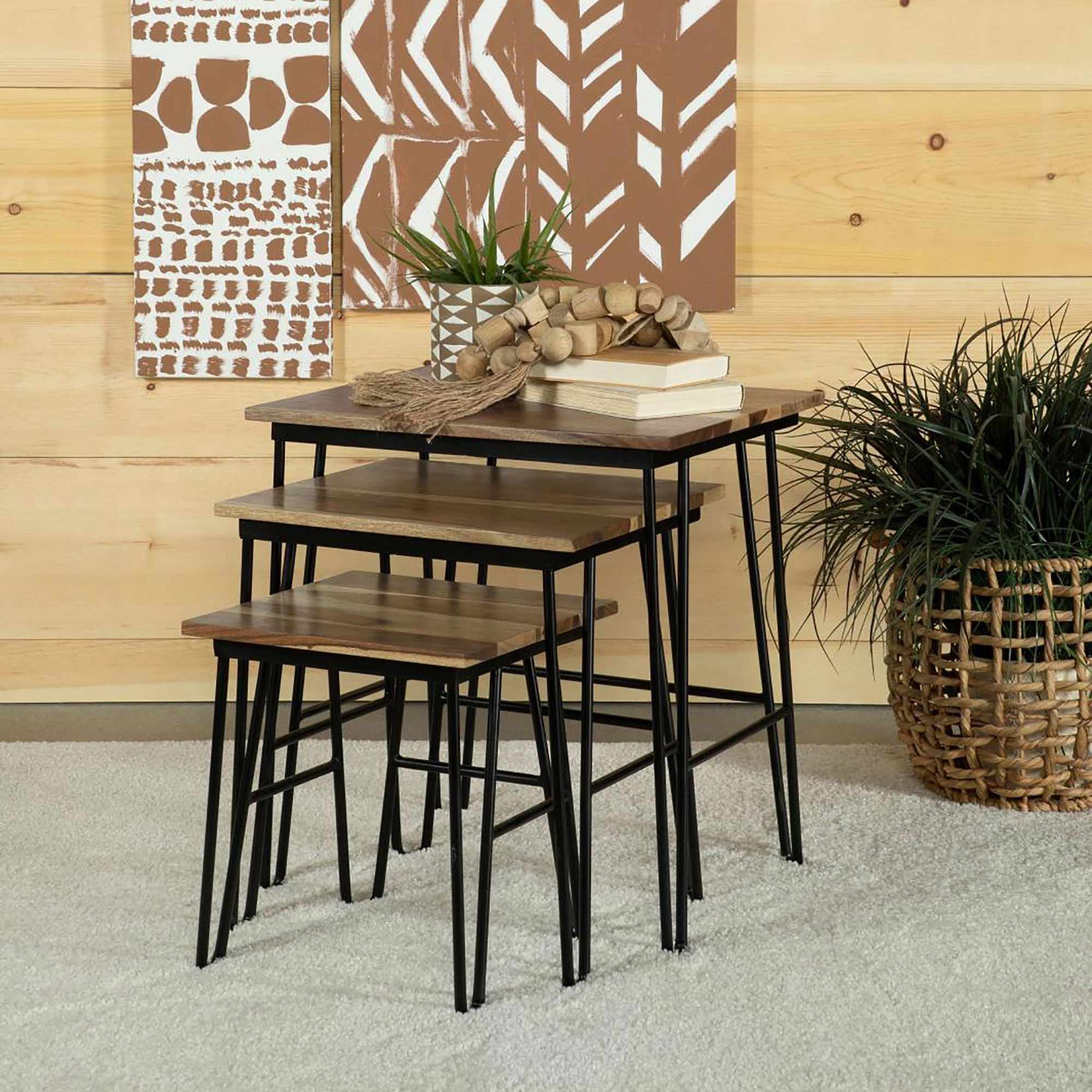 Natural And Black 3-Piece Nesting Table With Hairpin Legs