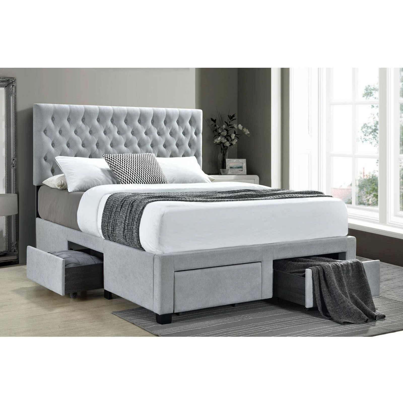 Light Grey Tufted 4-Drawer Full Storage Bed