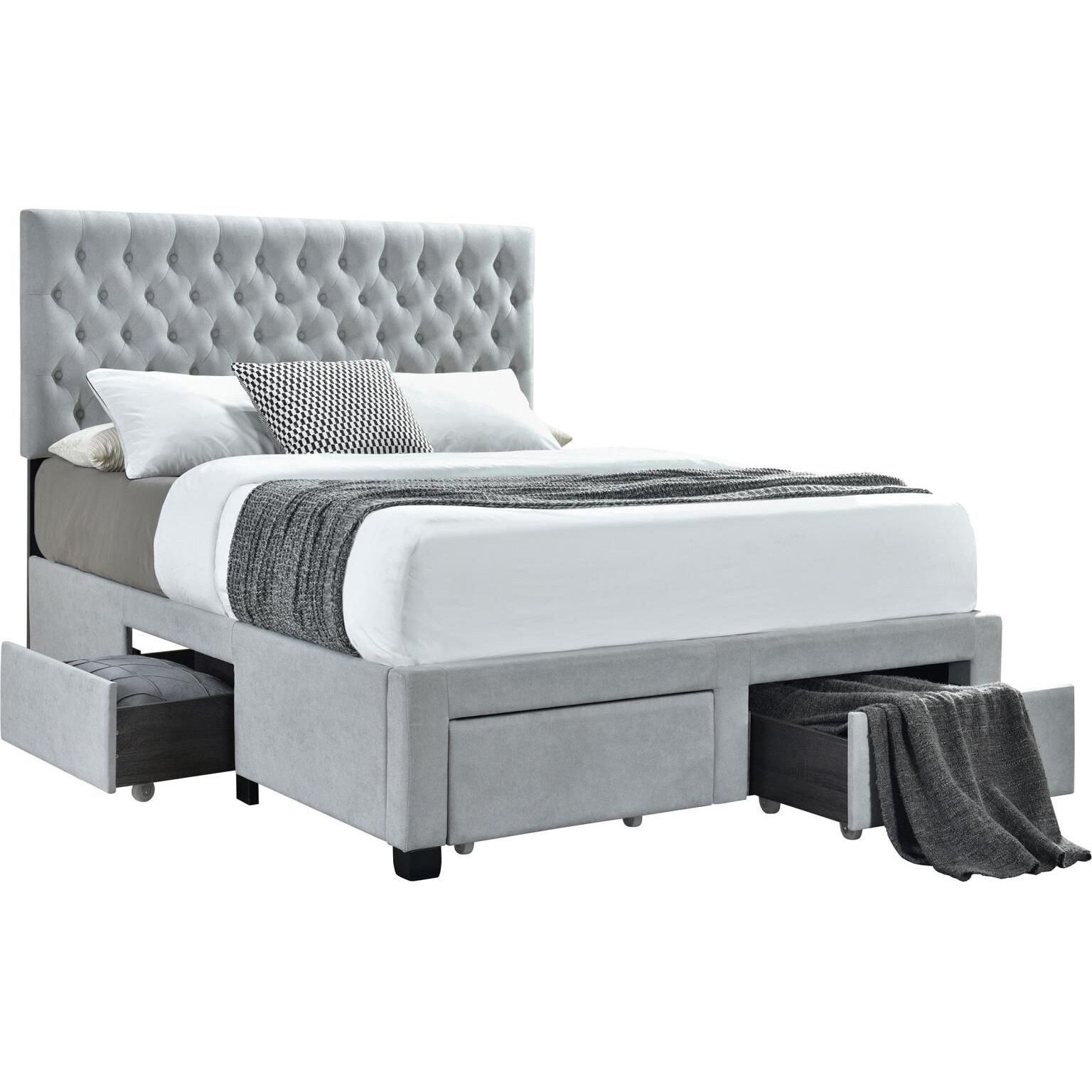 Light Grey Tufted 4-Drawer Full Storage Bed