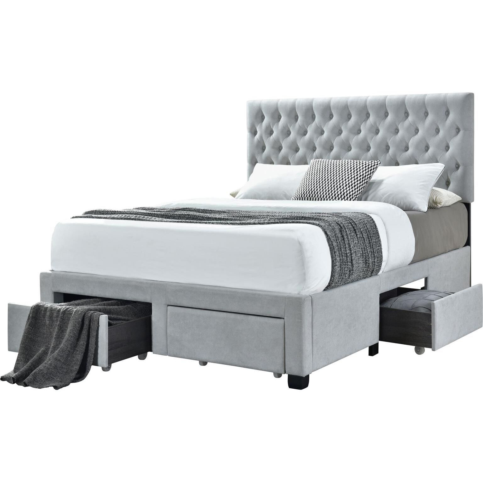 Light Grey Tufted 4-Drawer Full Storage Bed