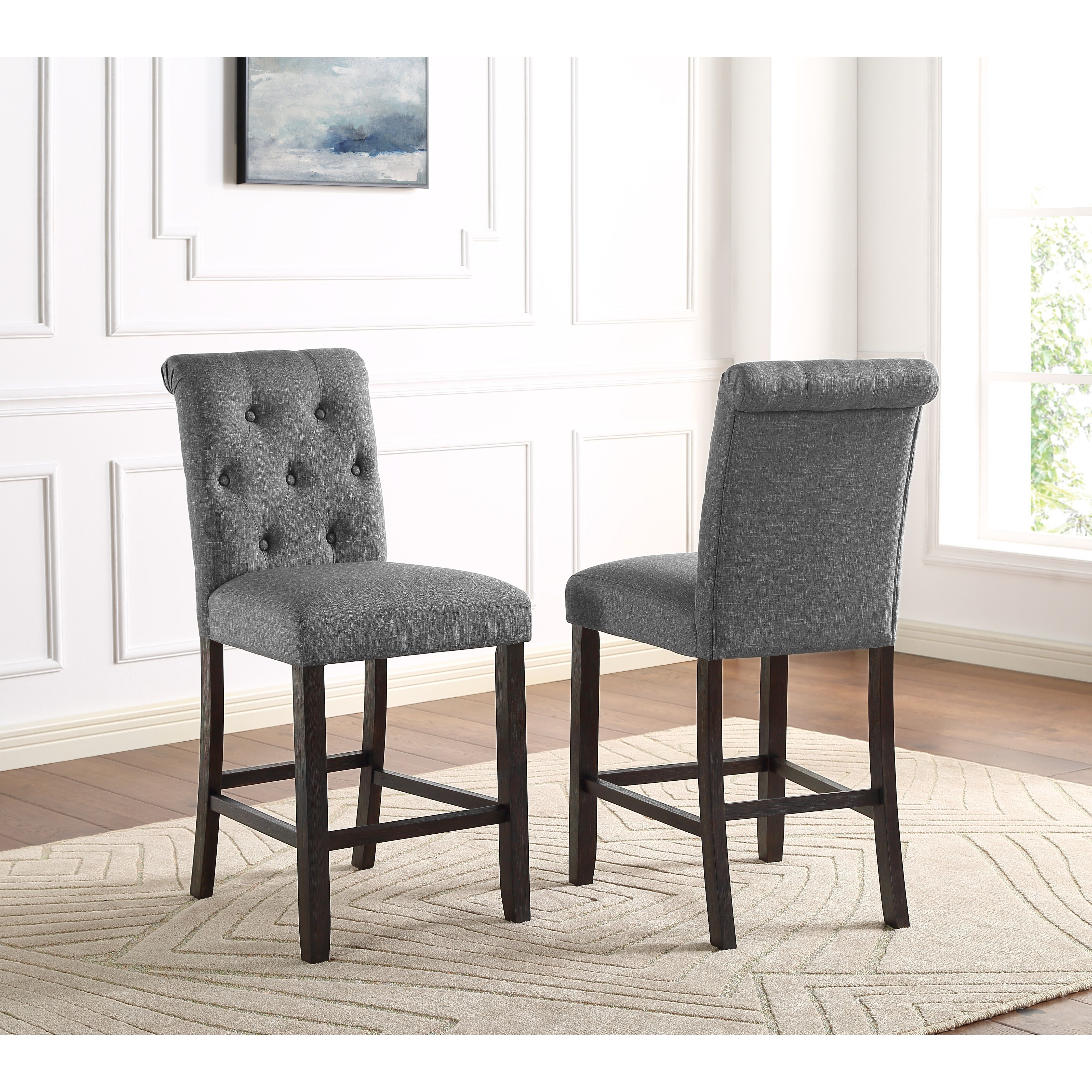 Leviton Solid Wood Tufted Asons Counter Height Stool  Set Of 2  Grey