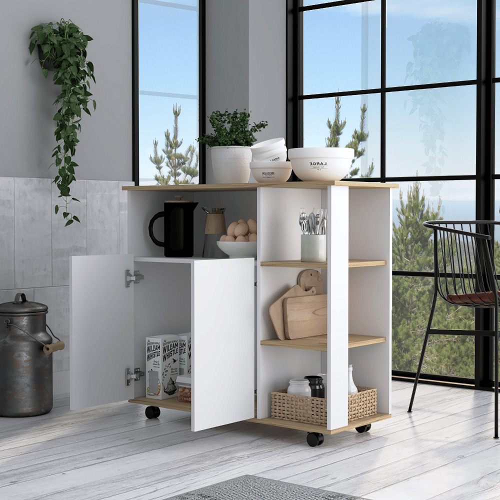 Depot E-Shop St. Thomas Kitchen Cart  Four Open Shelves  Double Door Cabinet  Four Casters  Light Oak / White