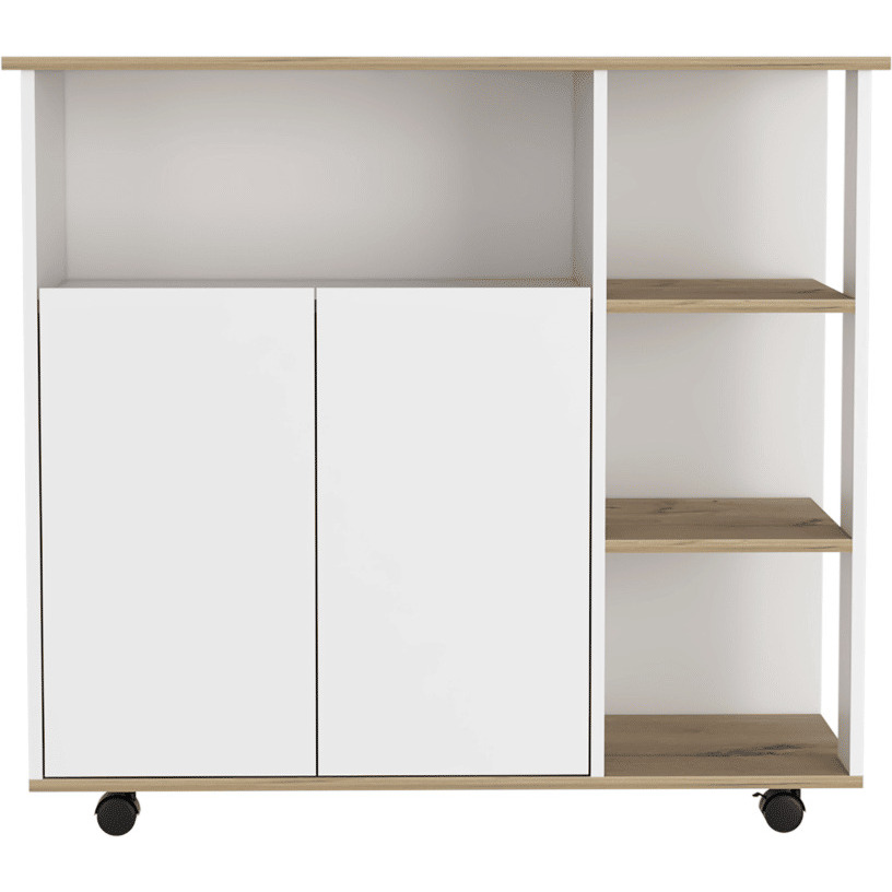 Depot E-Shop St. Thomas Kitchen Cart  Four Open Shelves  Double Door Cabinet  Four Casters  Light Oak / White