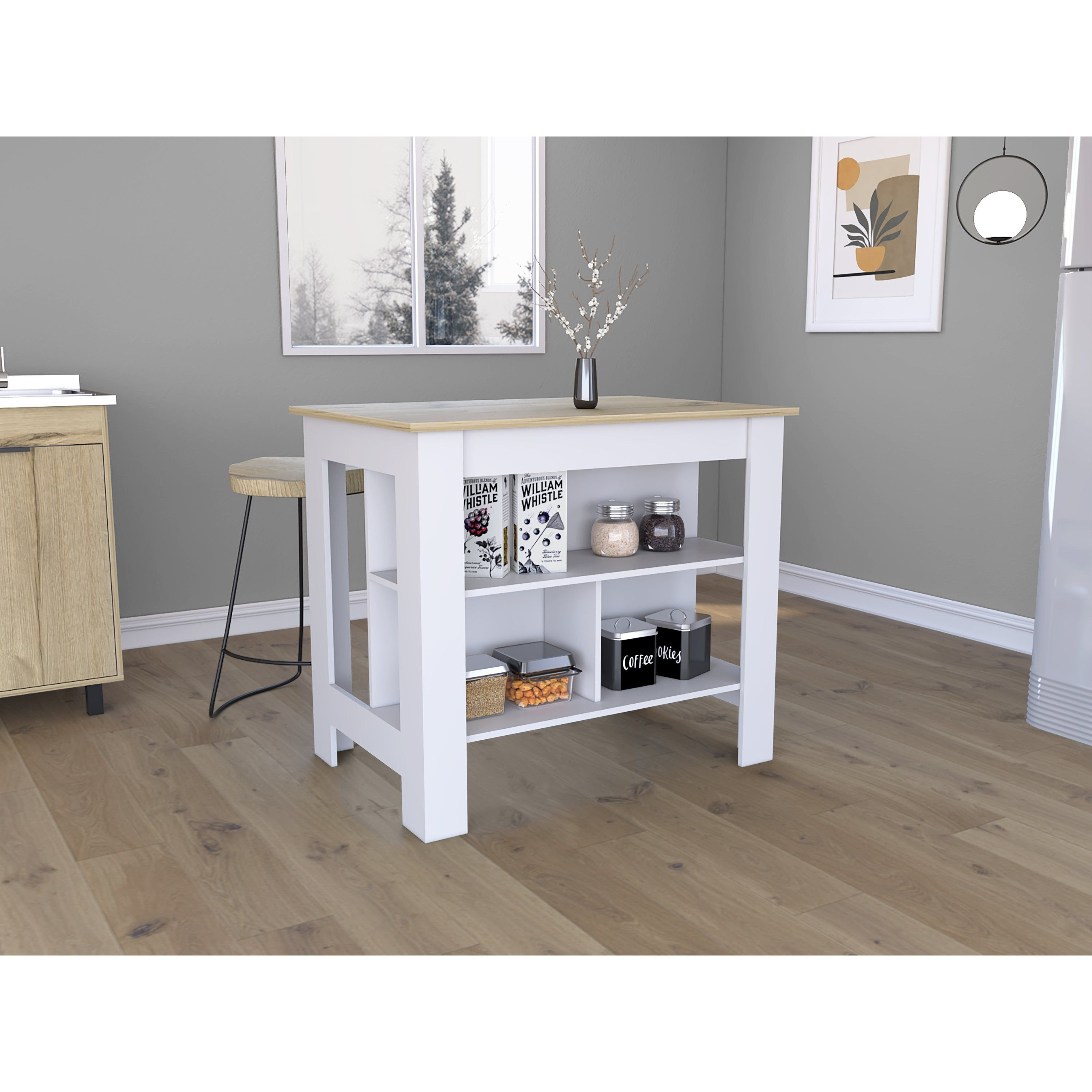 Depot E-Shop Antibacterial Delos Kitchen Island   White / Light Oak