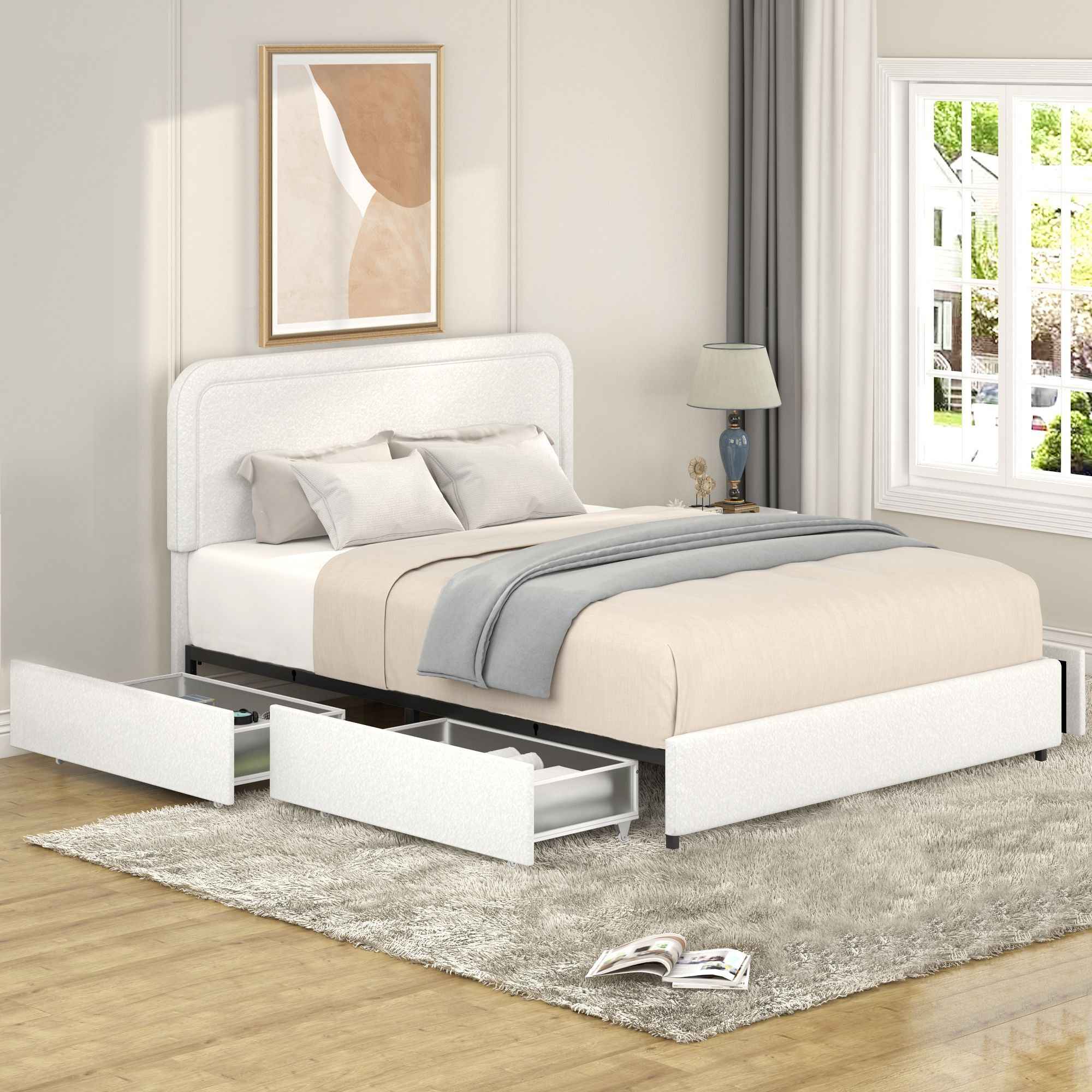 Liv Queen Size Ivory Boucle Upholstered Platform Bed With Patented 4 Drawers Storage  Curved Stitched Tufted Headboard  Wooden Slat Mattress Support  No Box Spring Needed