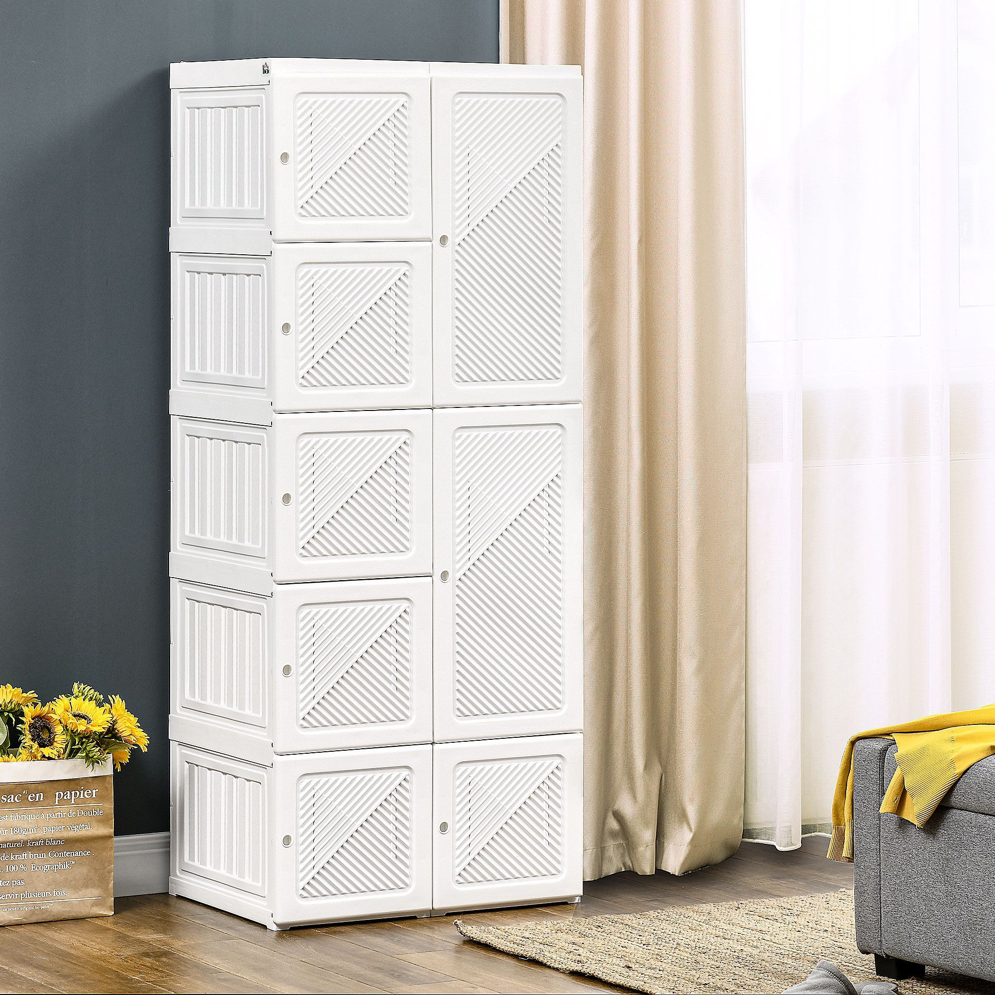 Homcom Portable Wardrobe Closet  Folding Bedroom Armoire  Clothes Storage Organizer With 8 Cube Compartments  Hanging Rod  Magnet Doors  White