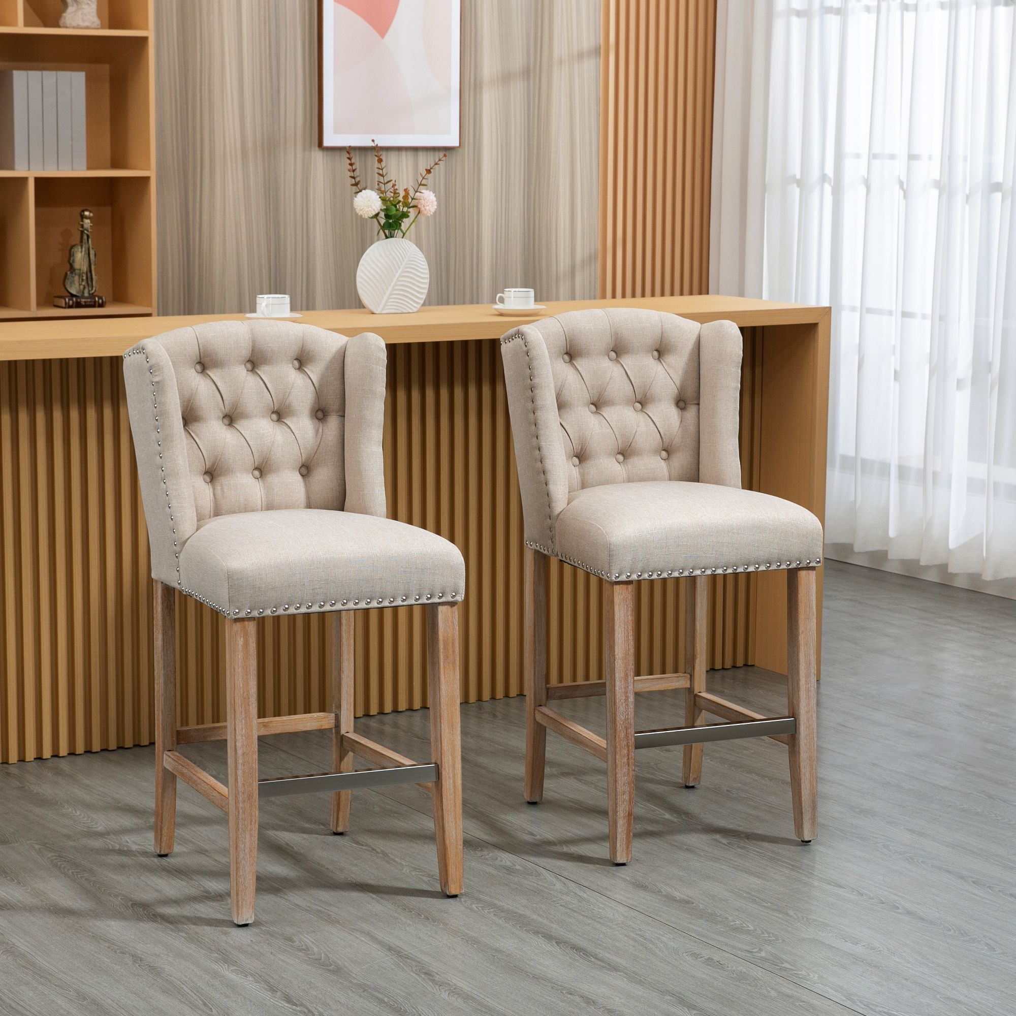 Homcom Counter Height Bar Stools Set Of 2 With Wood Legs  Beige