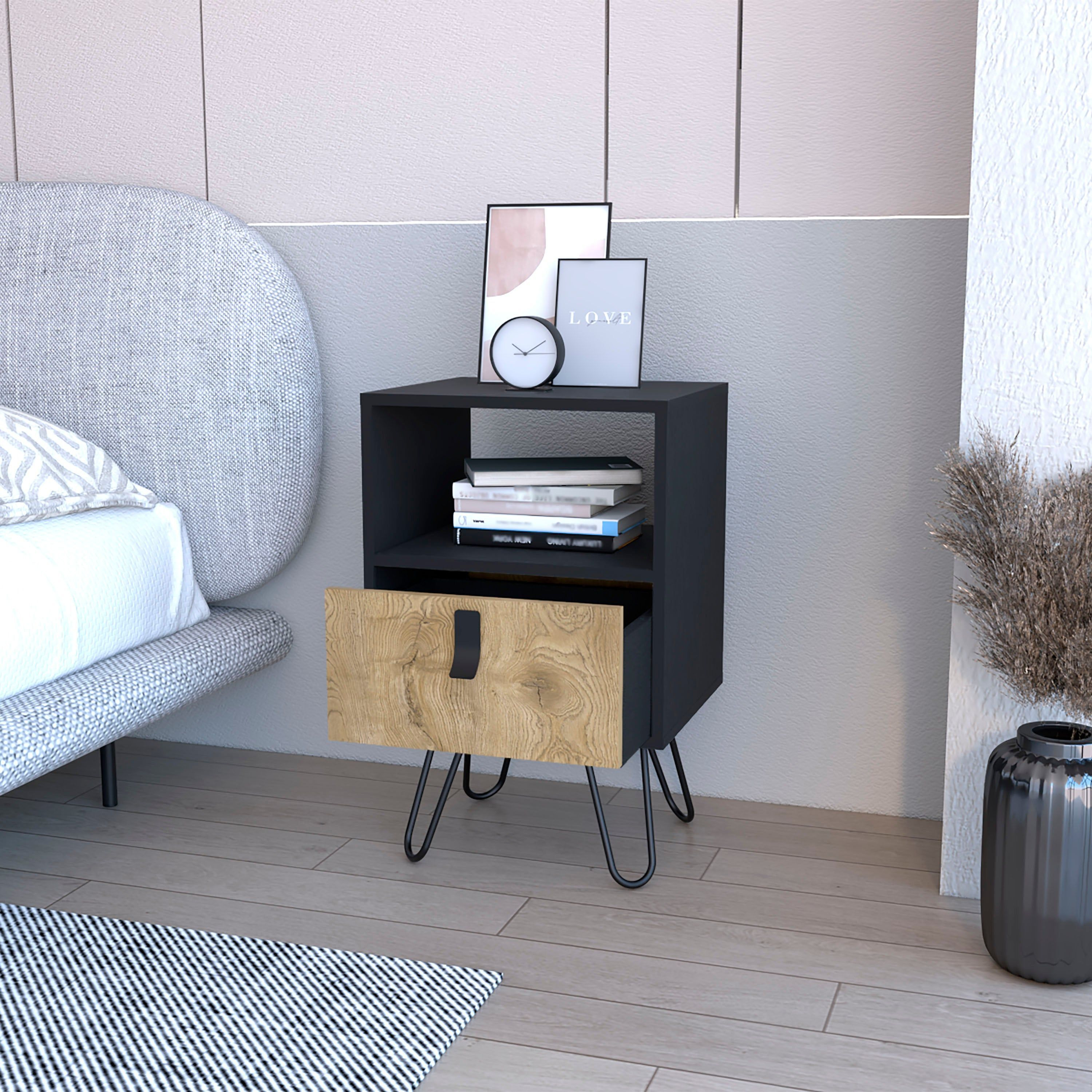 Black And Macadamia Hairpin Legs Nightstand