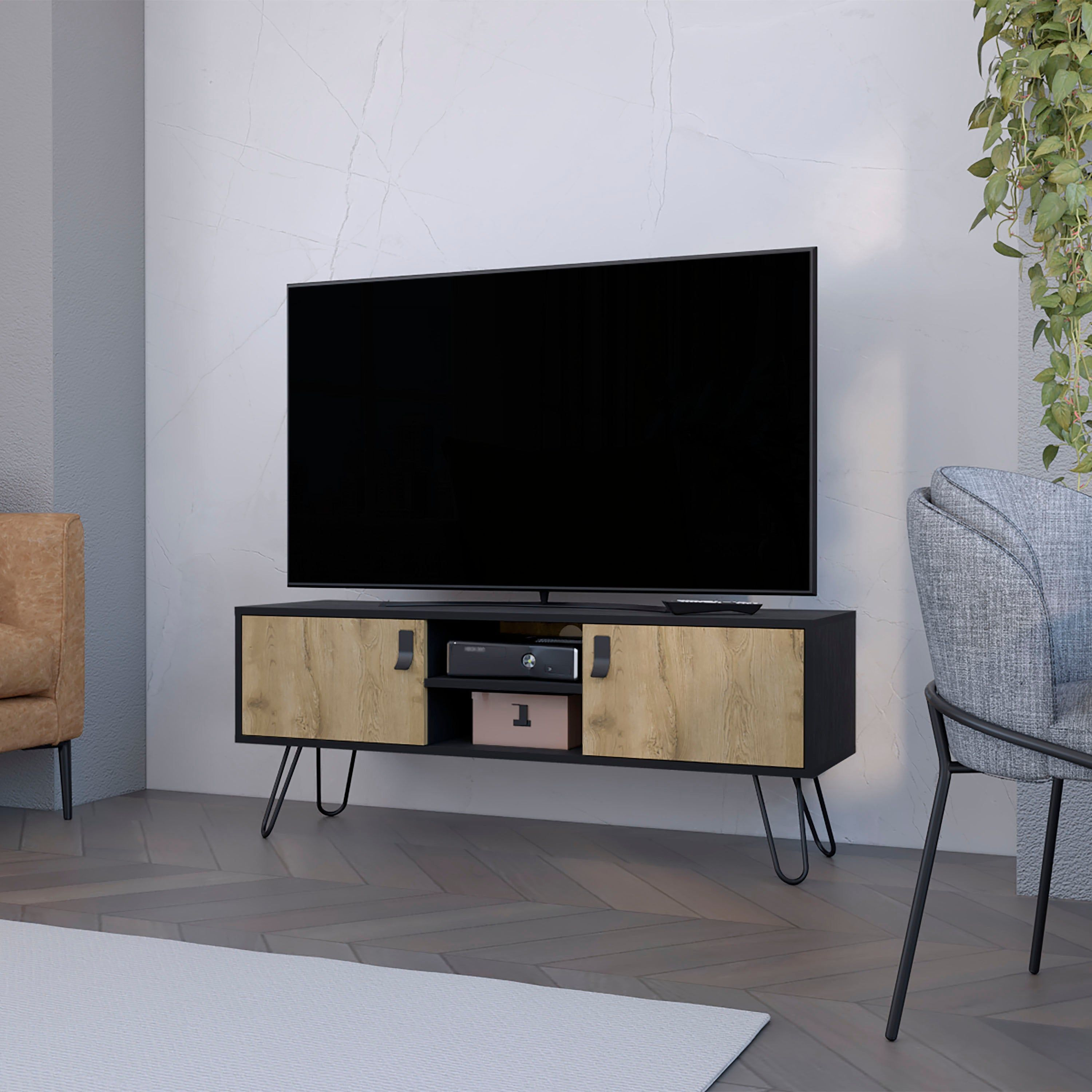 Black And Macadamia Hairpin Legs Tv Rack