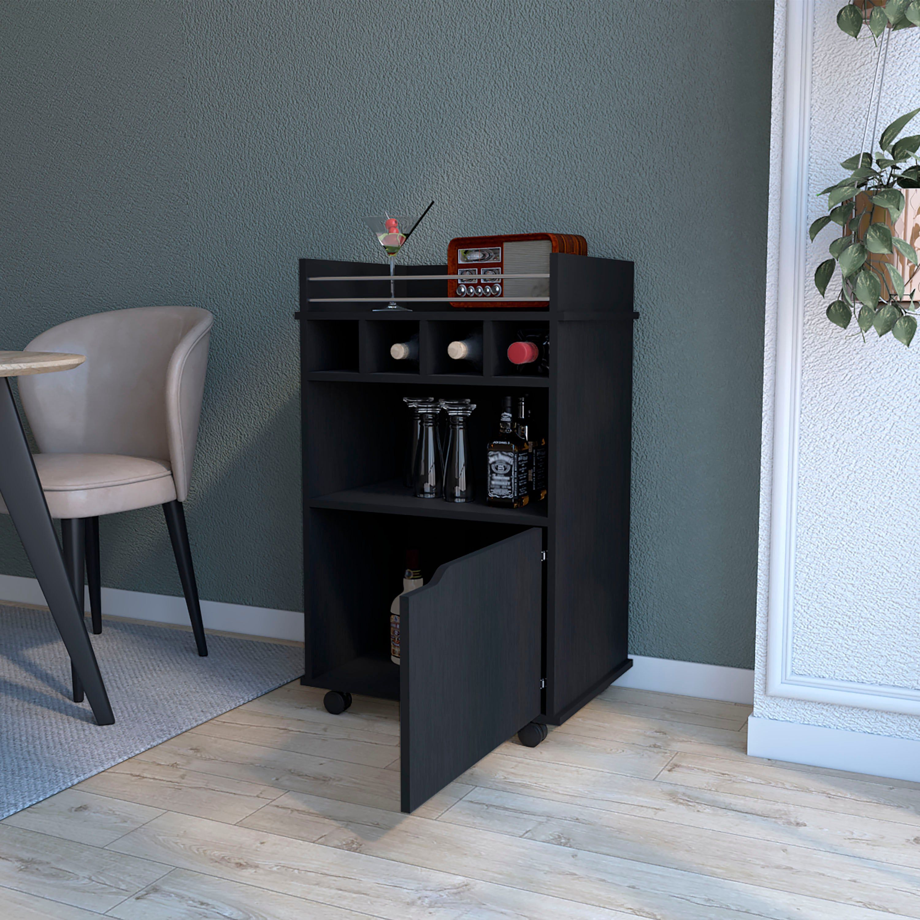 Black 1-Door Bar Cart