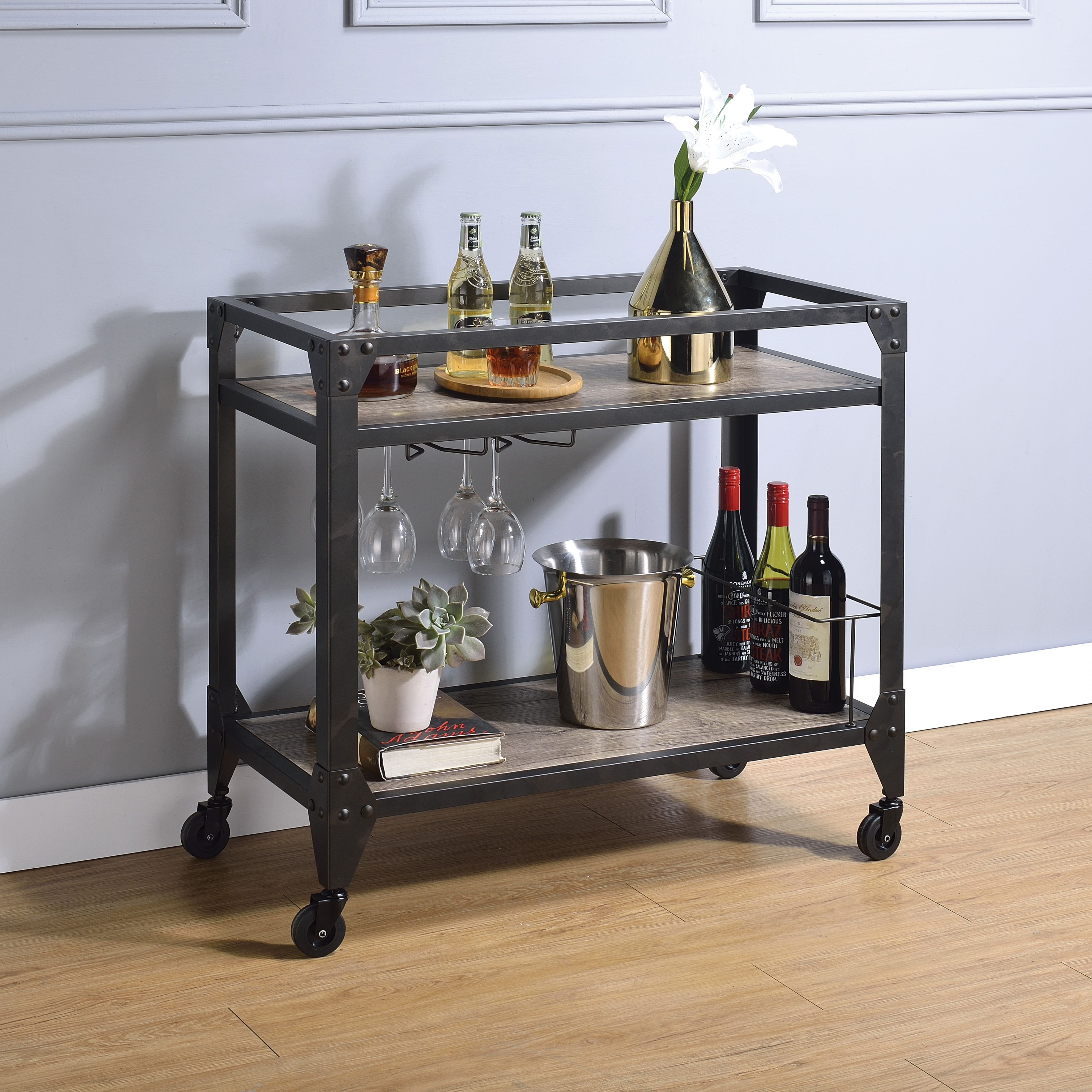 Rustic Oak And Charcoal 2-Shelf Serving Cart