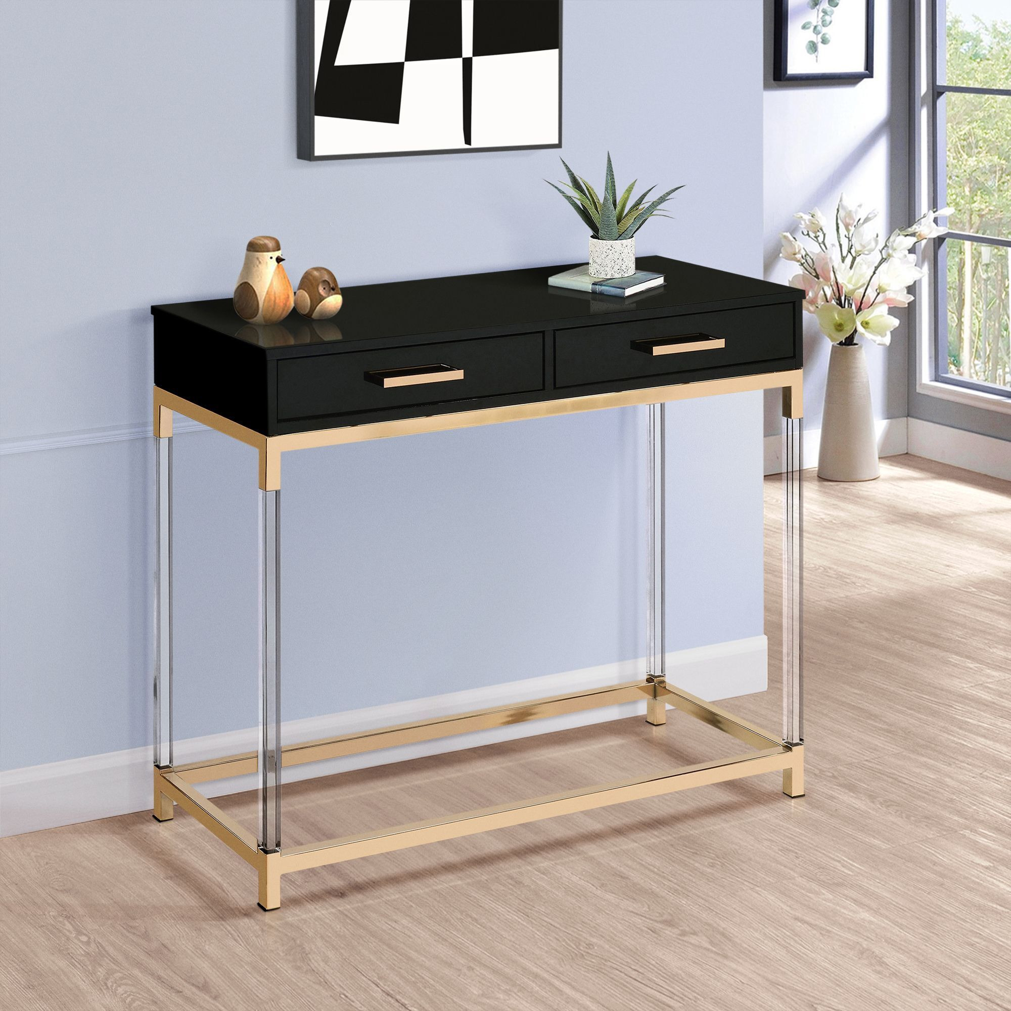 Black High Gloss And Gold Console Table With 2 Drawers