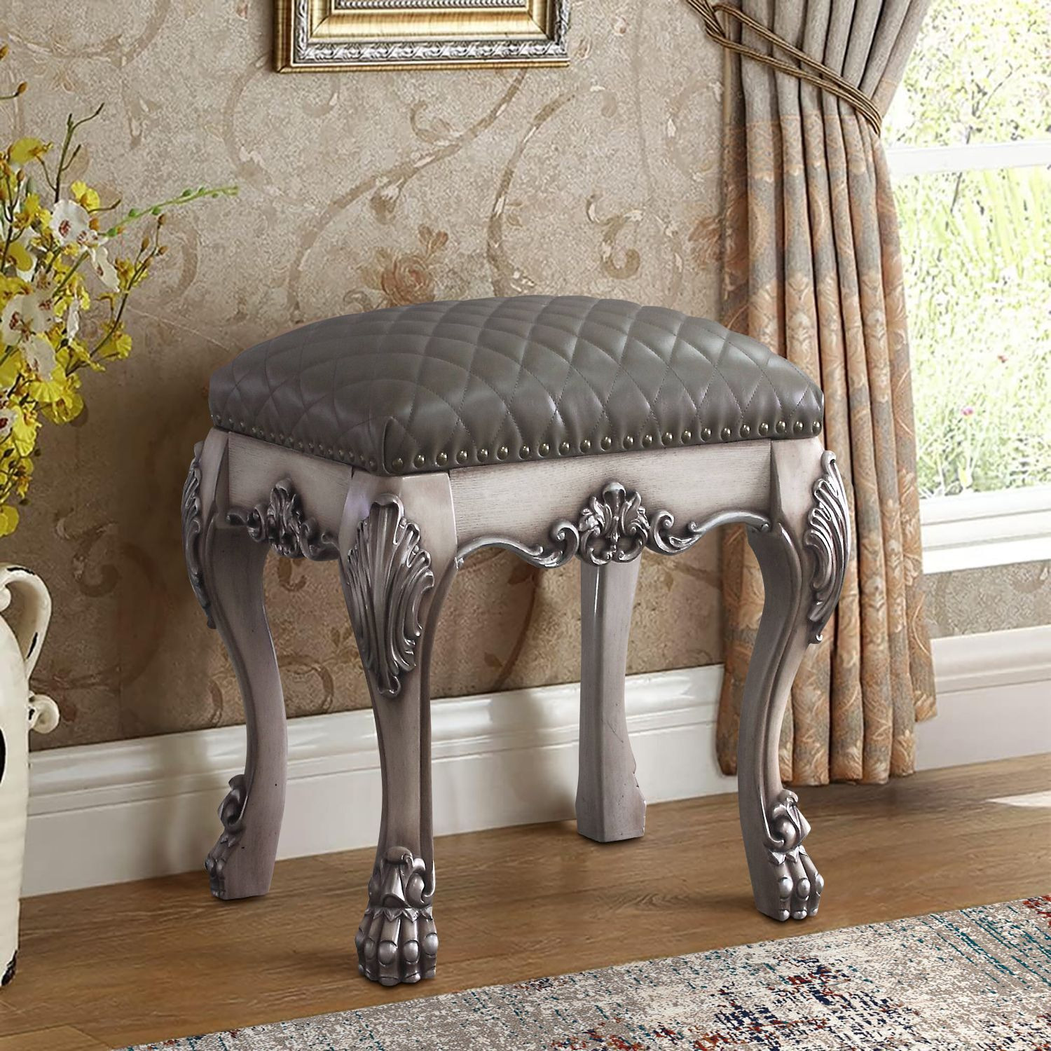 Grey And Vintage Bone White Vanity Stool With Tufted Seat