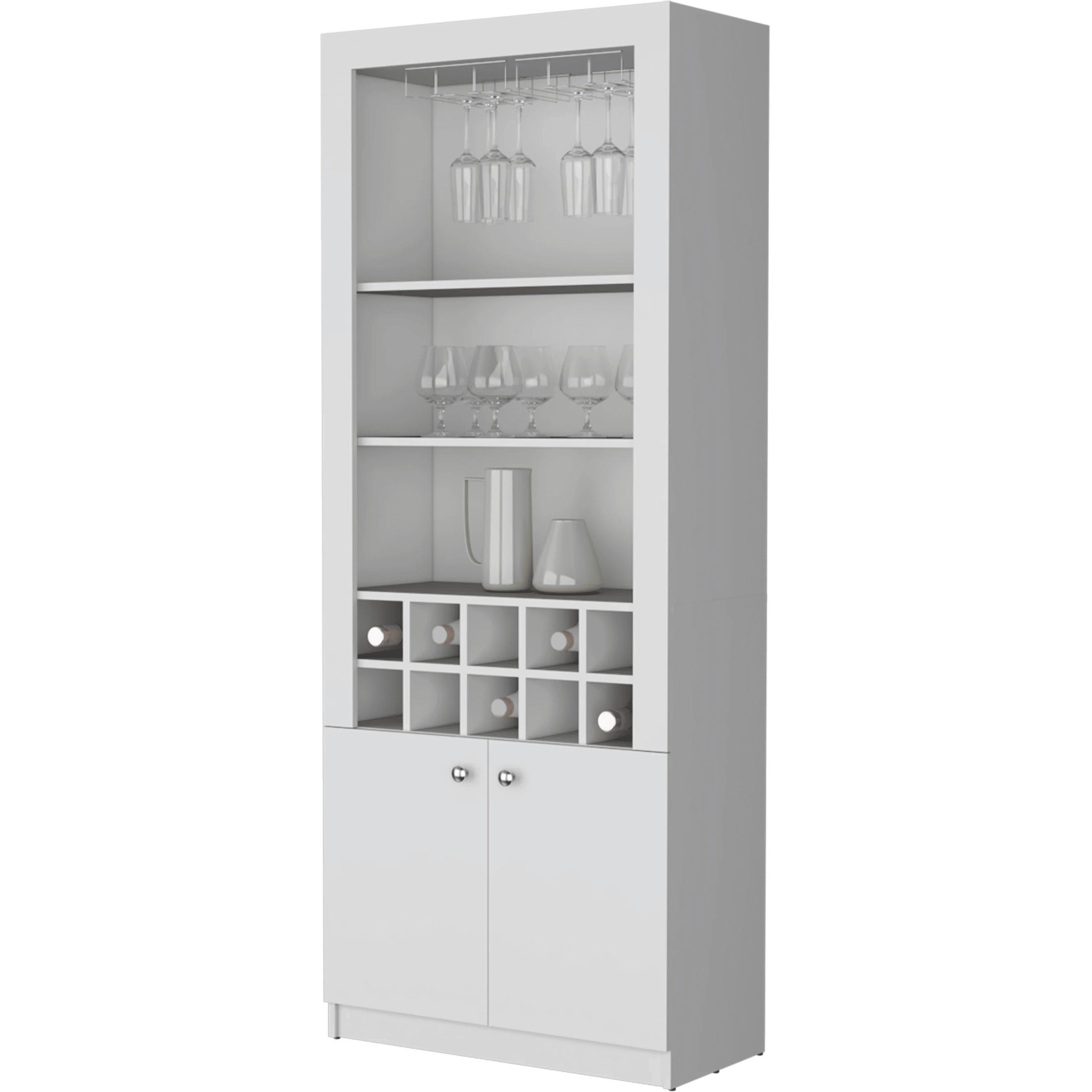 White Bar Cabinet With Wine Storage And Three Shelves