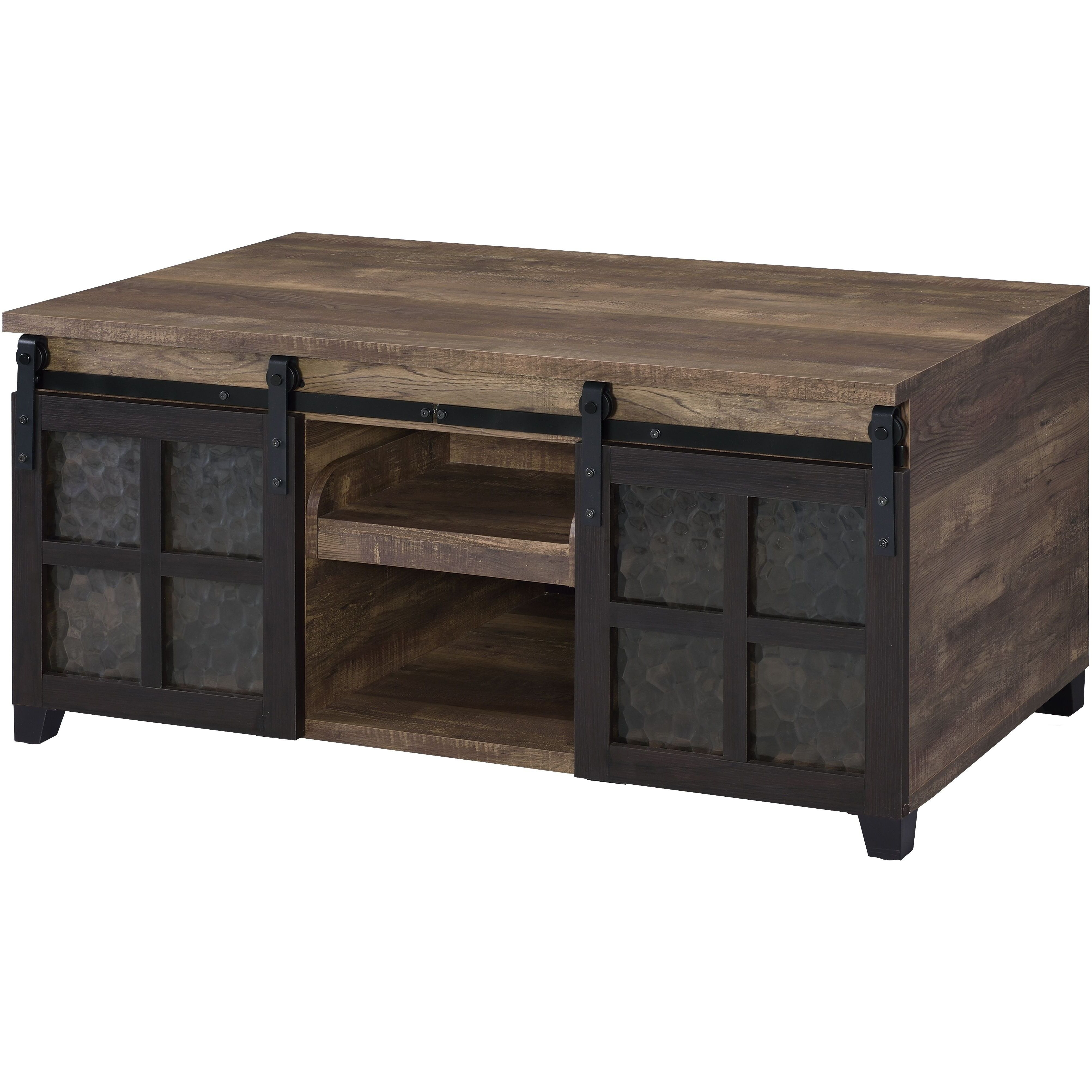 Rustic Oak And Black Coffee Table With Sliding Doors