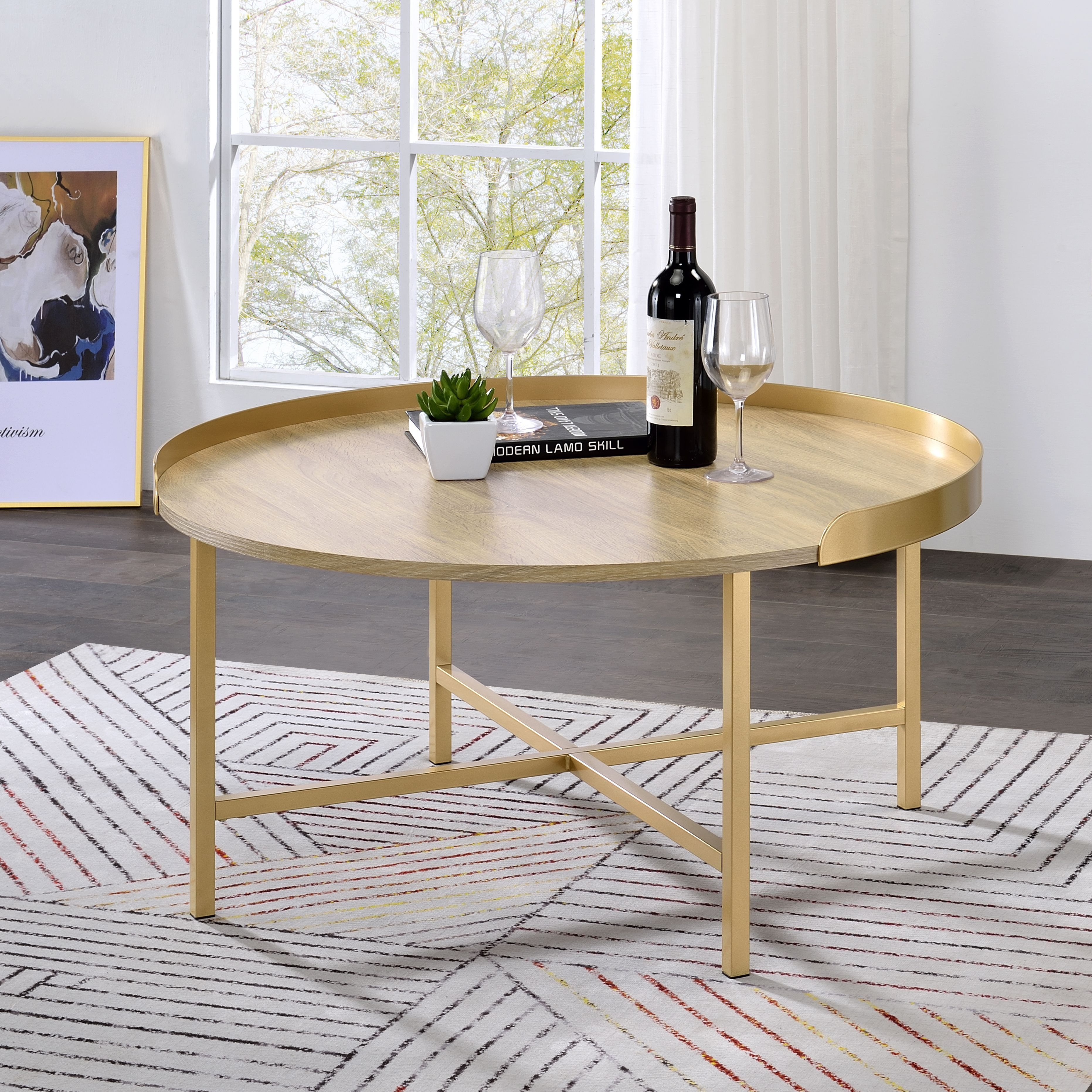 Oak And Gold Coffee Table With Tray Top