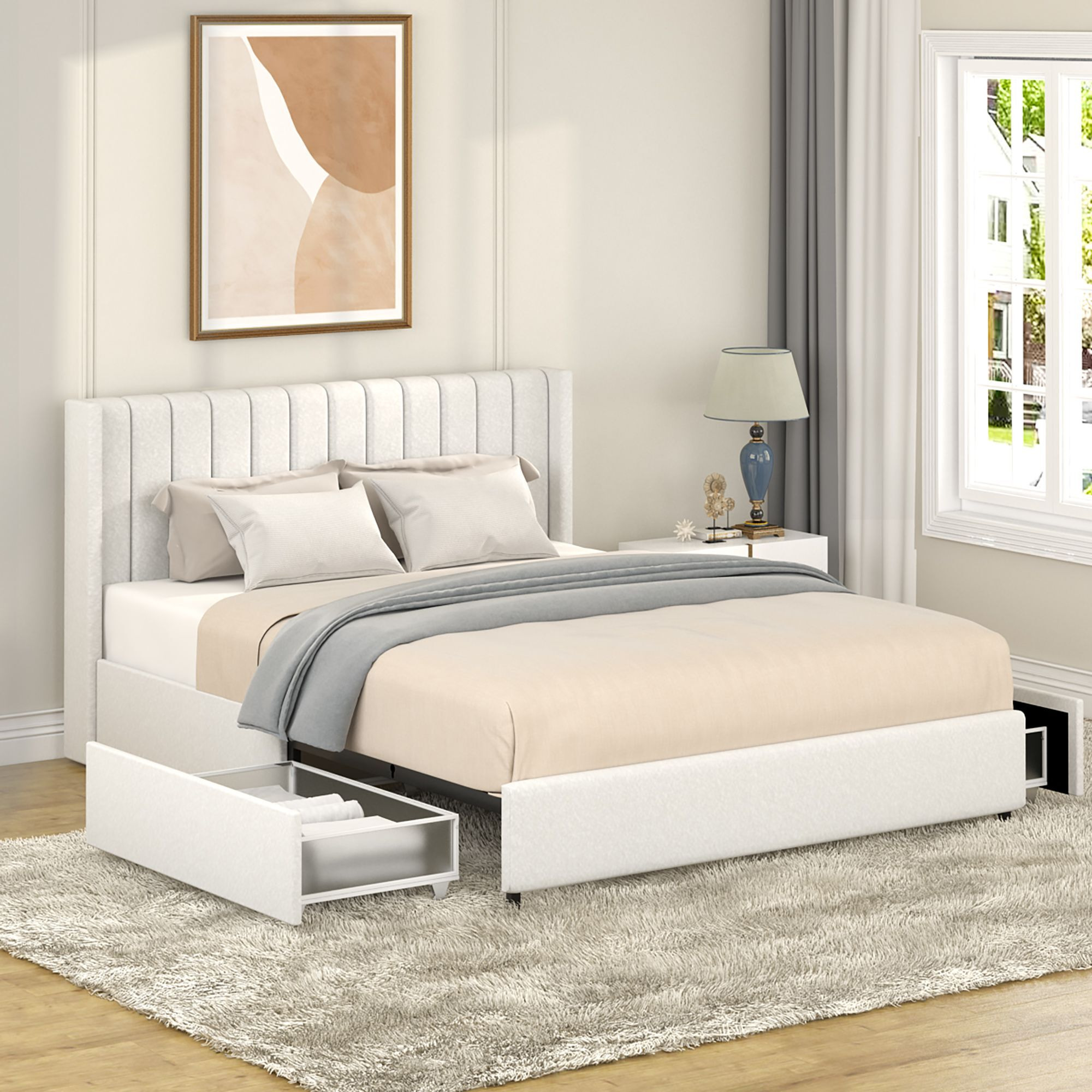 Anda Patented 2-Drawers Storage Bed Queen Size Ivory Boucle Upholstered Platform Bed  Tufted Headboard  Wooden Slat Mattress Support  No Box Spring Needed