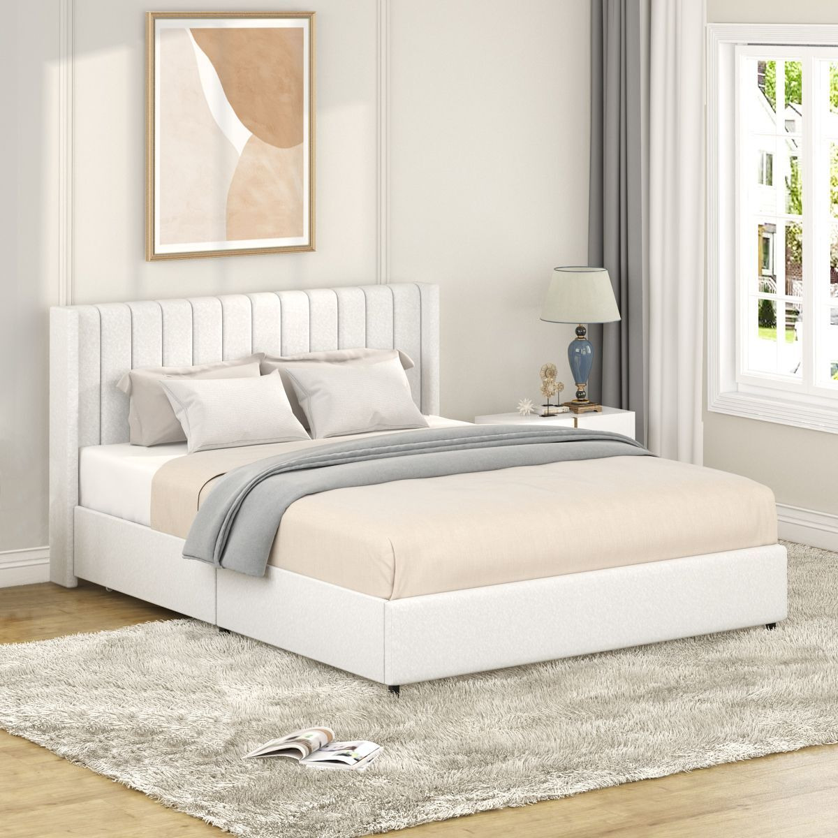 Anda Patented 2-Drawers Storage Bed Queen Size Ivory Boucle Upholstered Platform Bed  Tufted Headboard  Wooden Slat Mattress Support  No Box Spring Needed