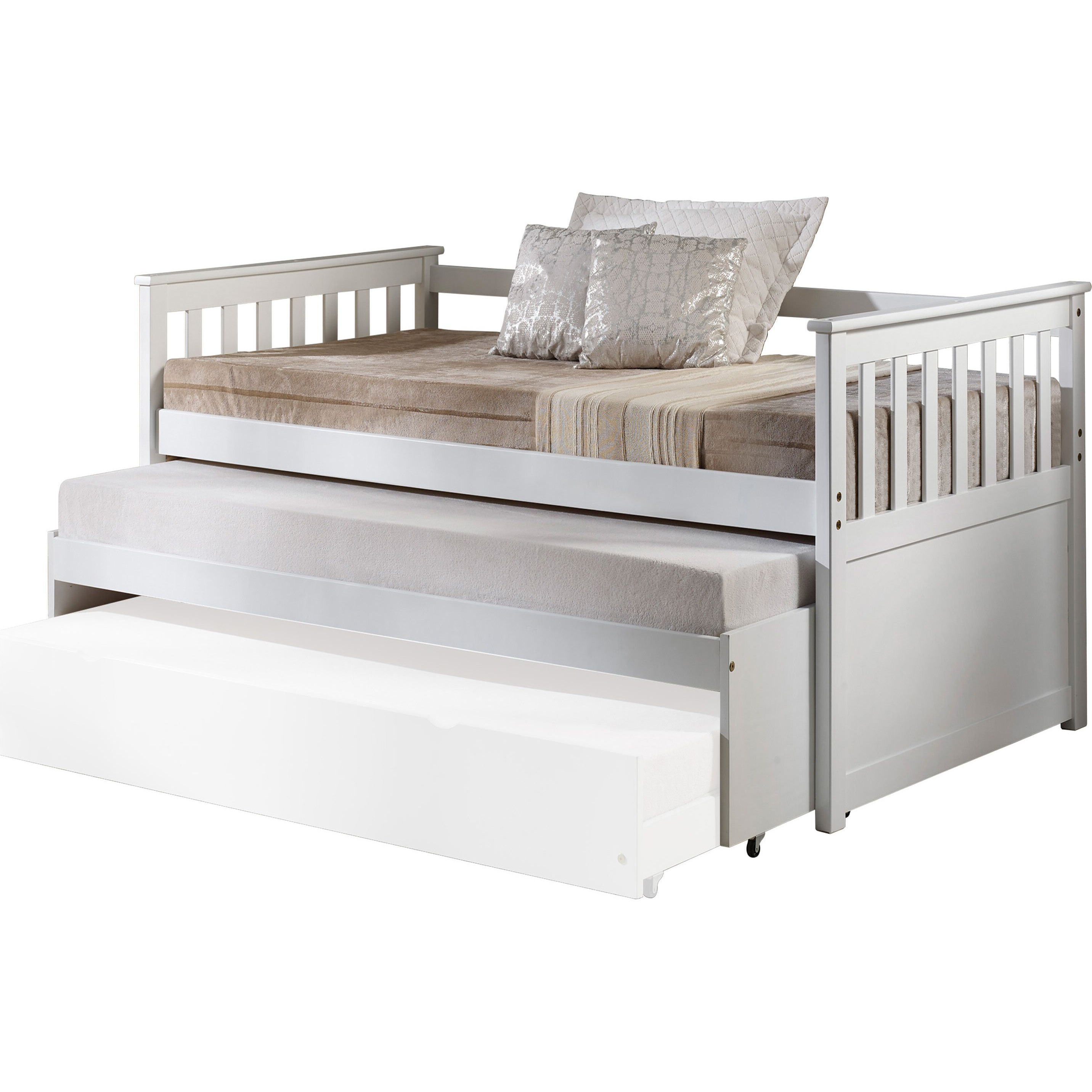 White Slatted Armrest Twin Daybed With Roll-Out Bed